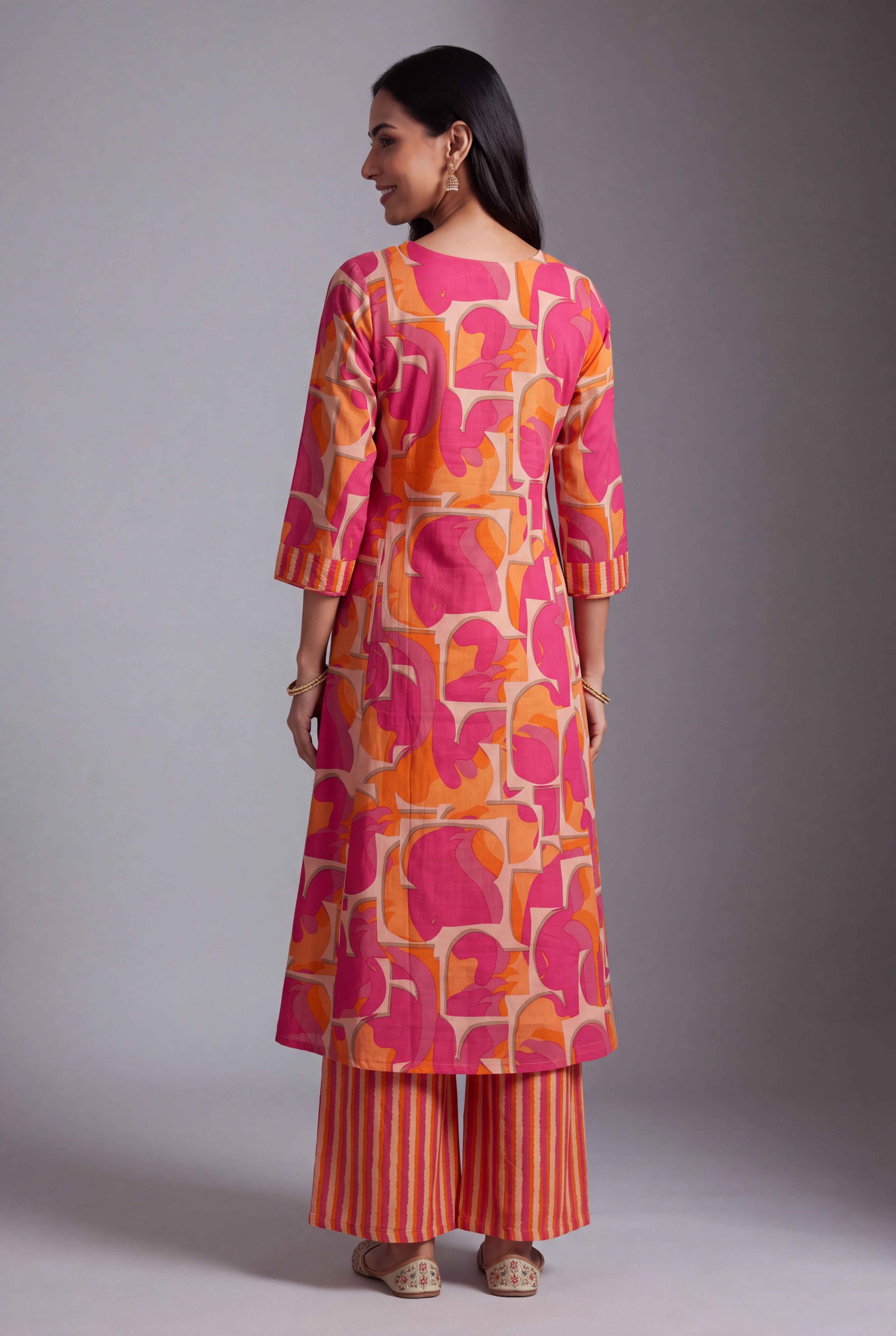 Coral Pink Taraṅga A-Line Co-ord Set with Striped Palazzo pants