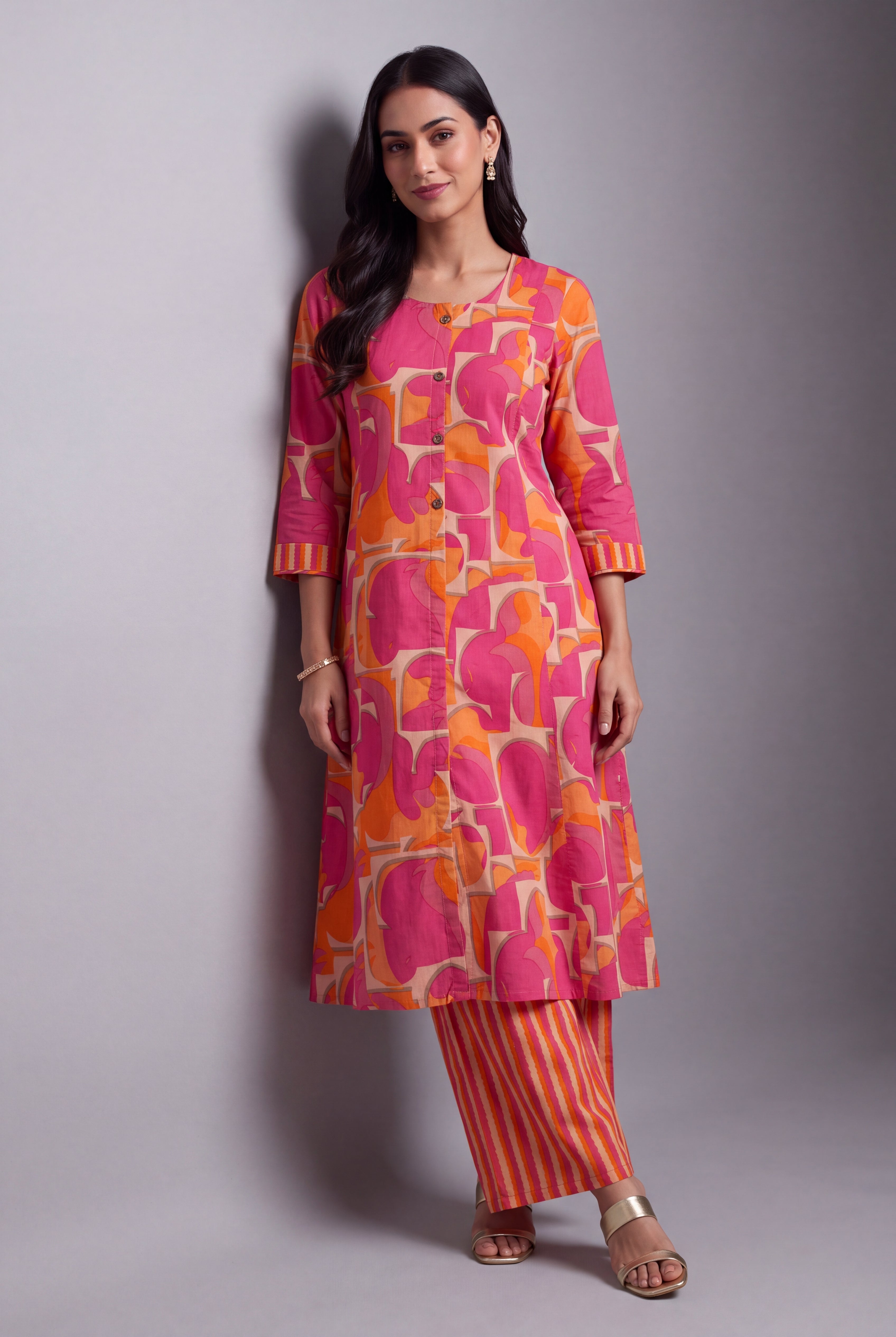 Coral Pink Taraṅga A-Line Co-ord Set with Striped Palazzo pants