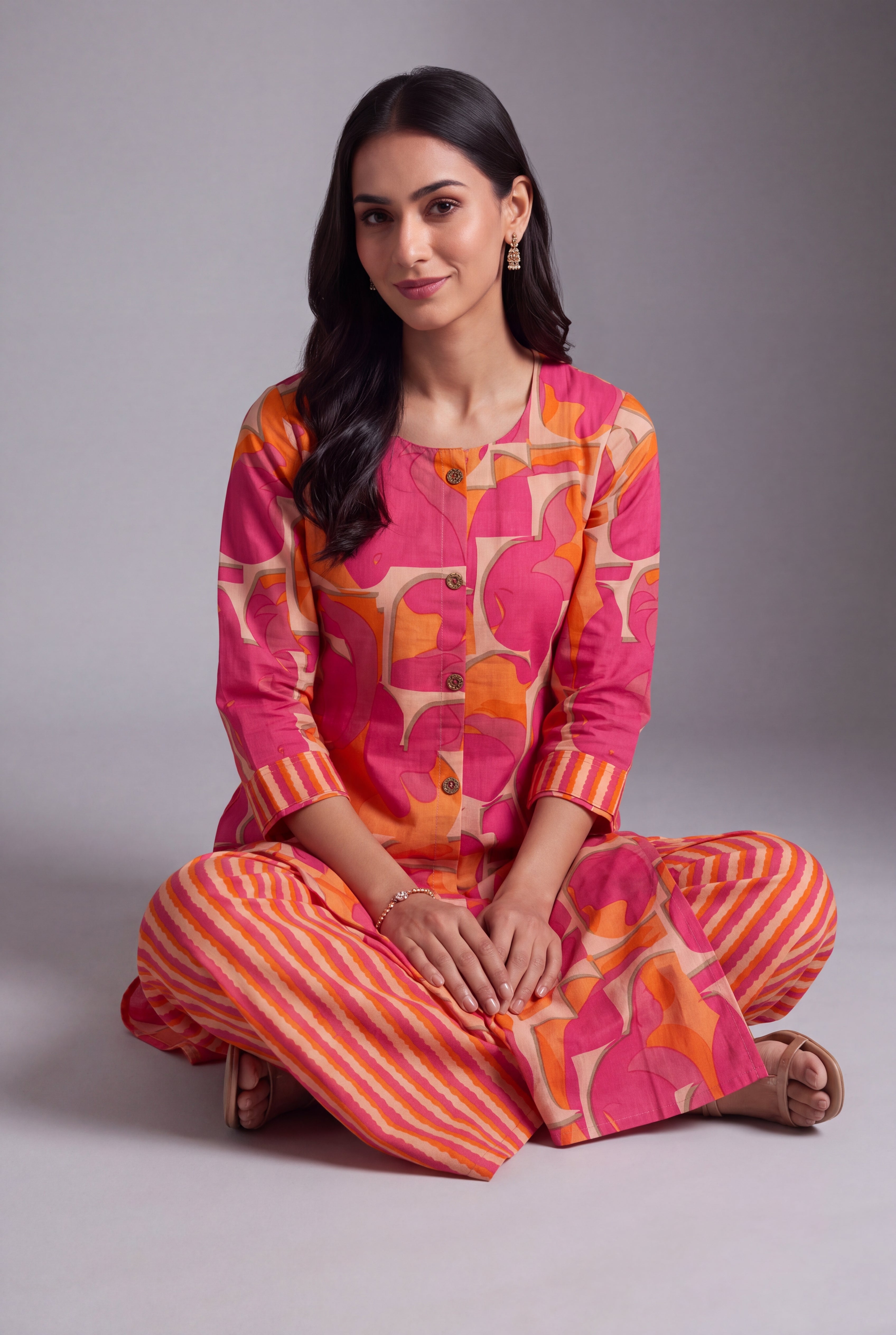 Coral Pink Taraṅga A-Line Co-ord Set with Striped Palazzo pants