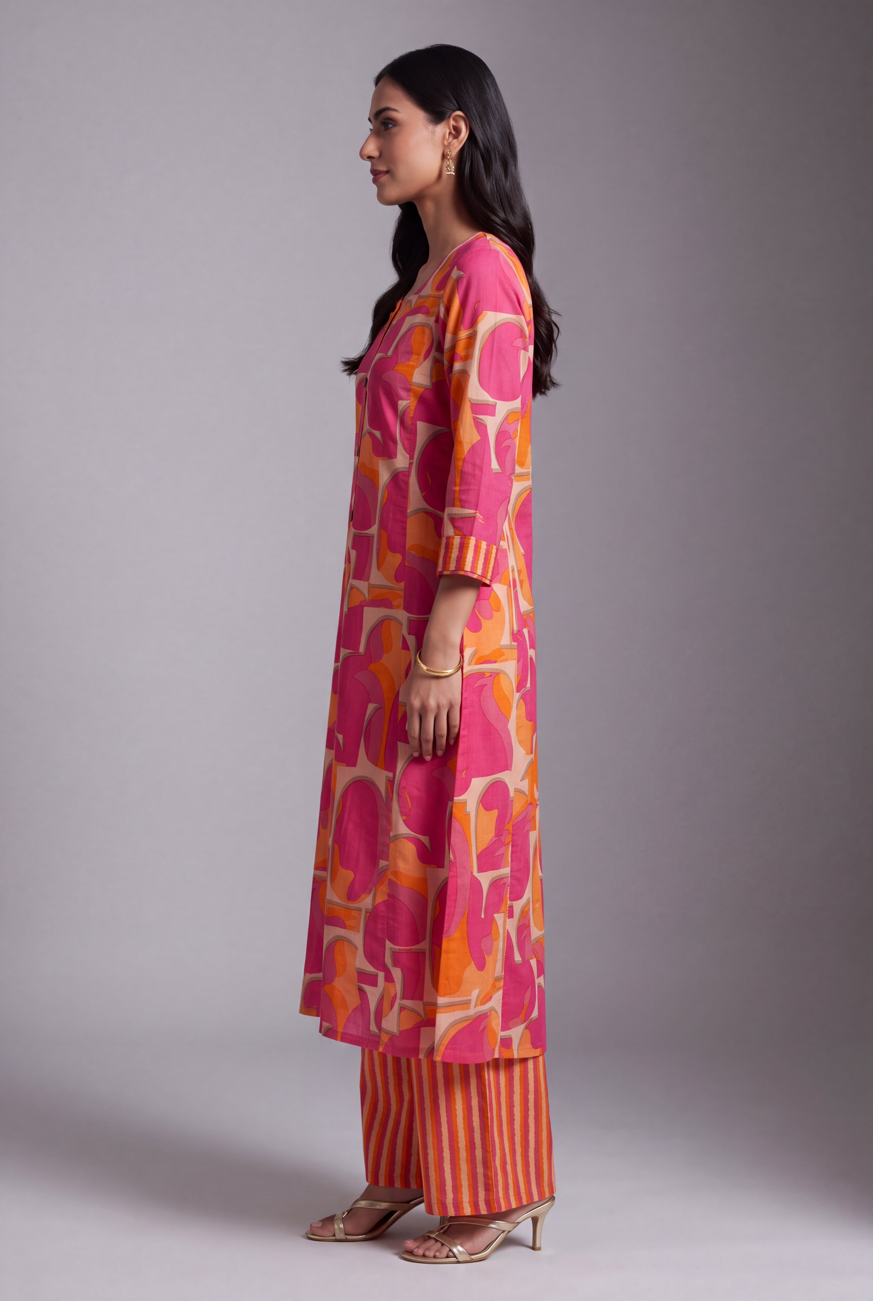 Coral Pink Taraṅga A-Line Co-ord Set with Striped Palazzo pants