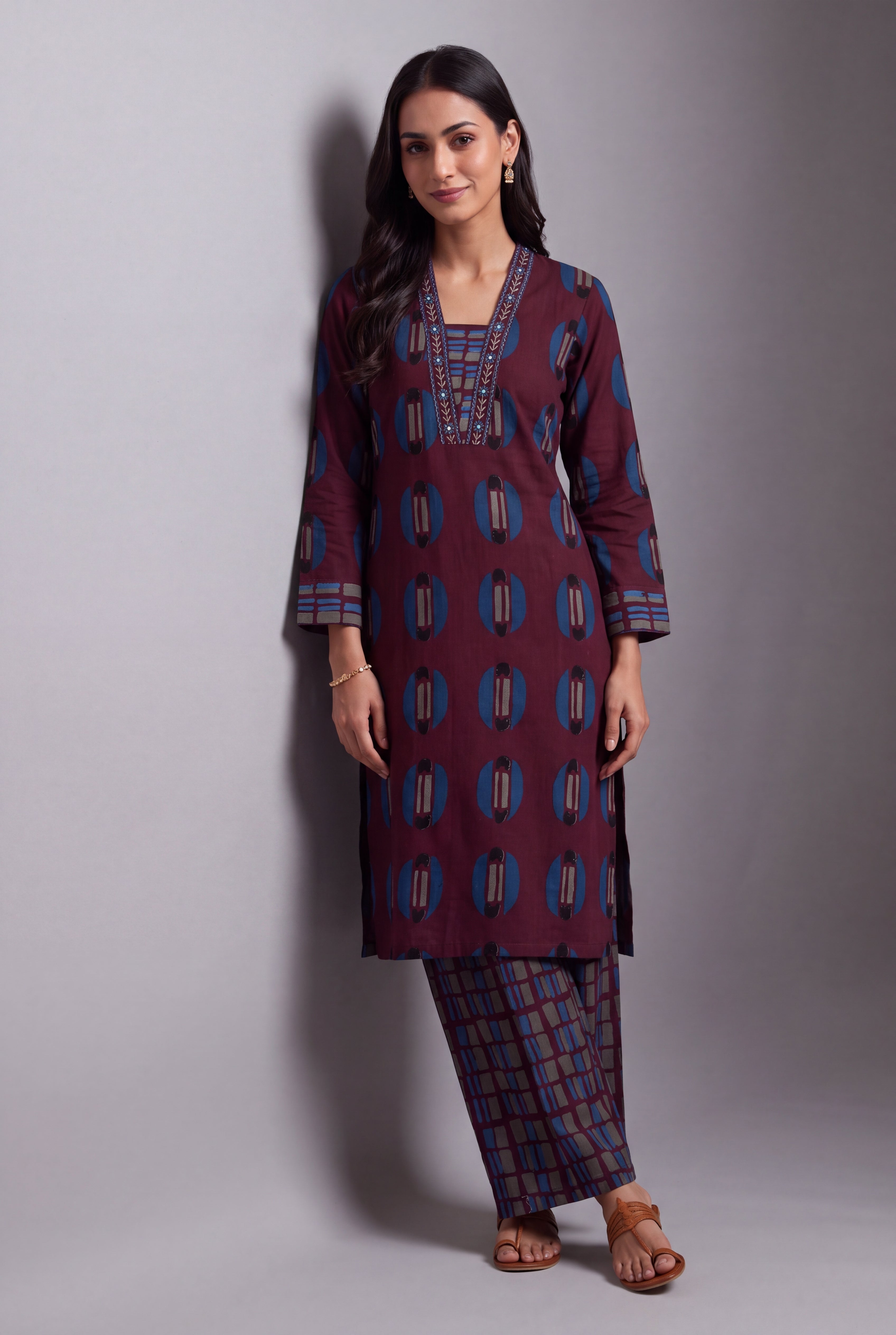Wine Śyāma Co-ord Set with Windowpane Palazzo pants