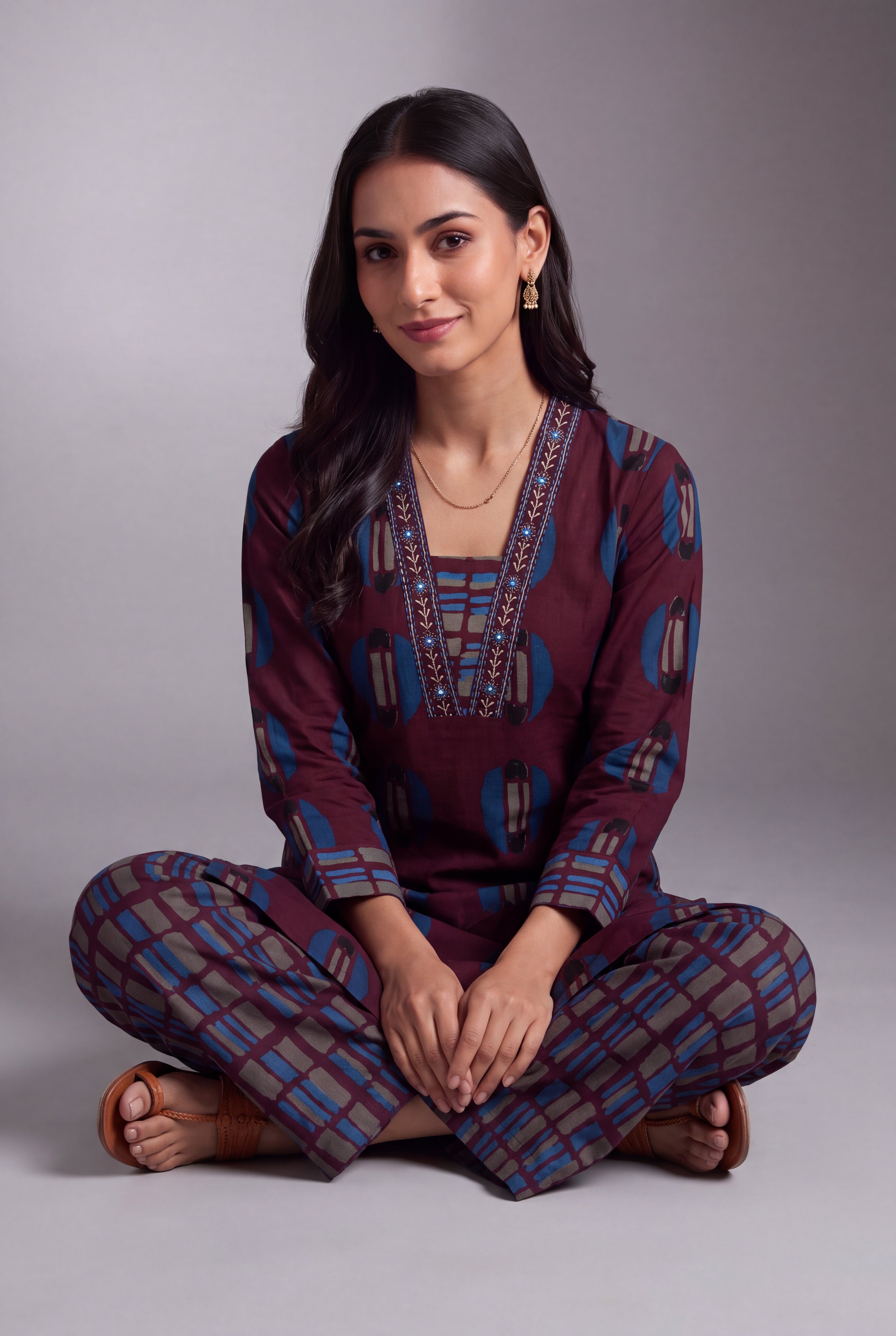 Wine Śyāma Co-ord Set with Windowpane Palazzo pants