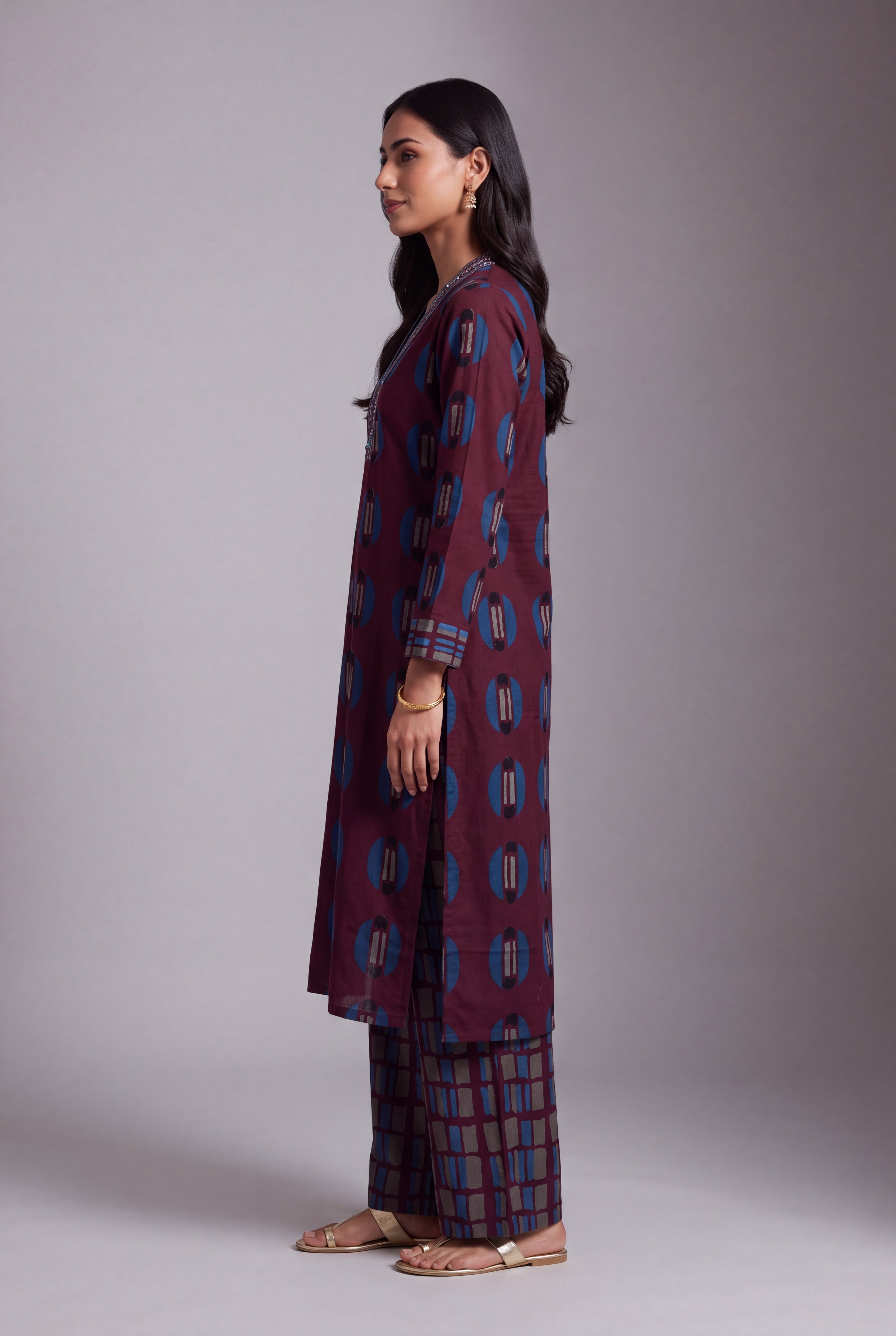 Wine Śyāma Co-ord Set with Windowpane Palazzo pants