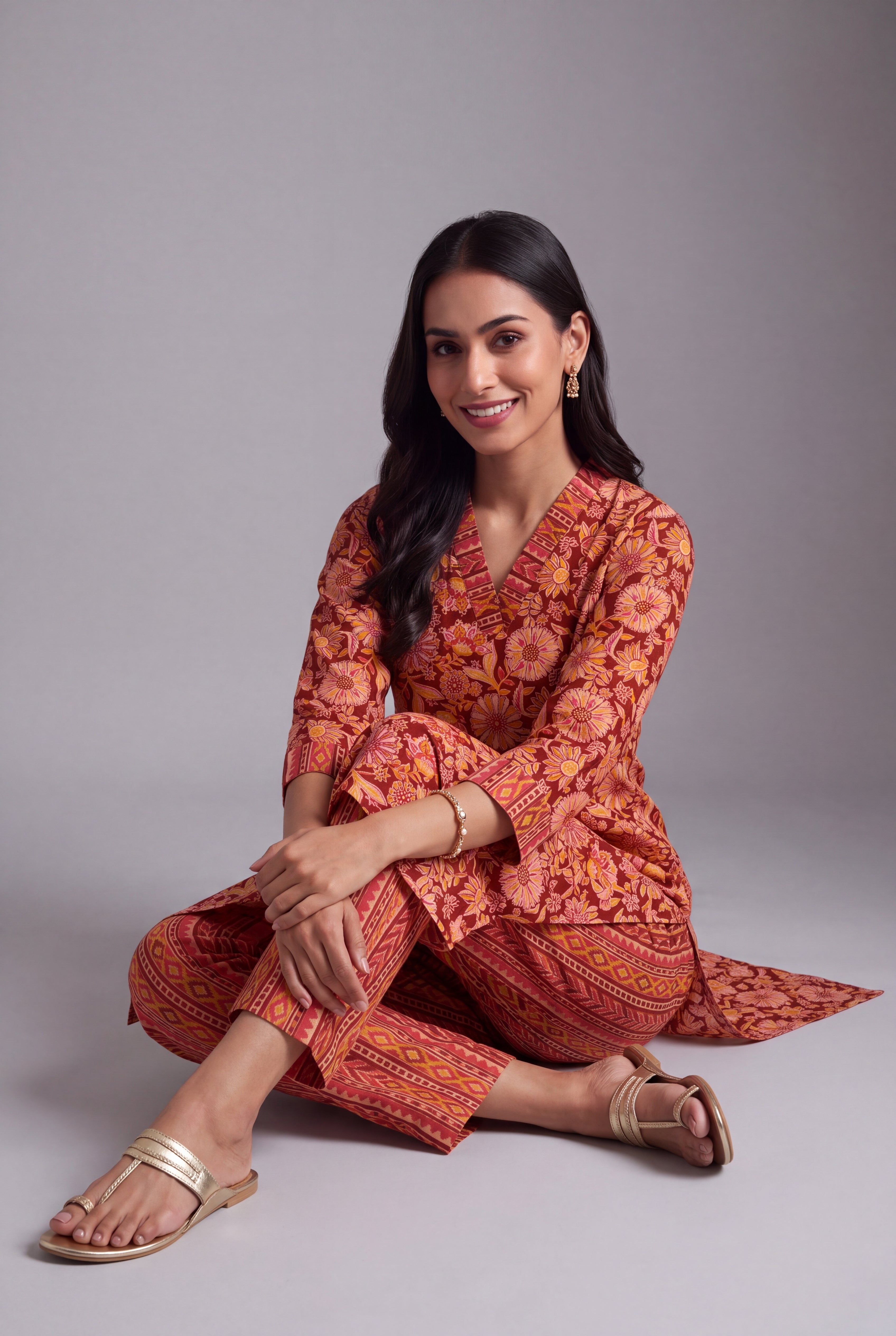 Cherry Red Kuṇḍala Spiral Batik-Print Co-ord Set