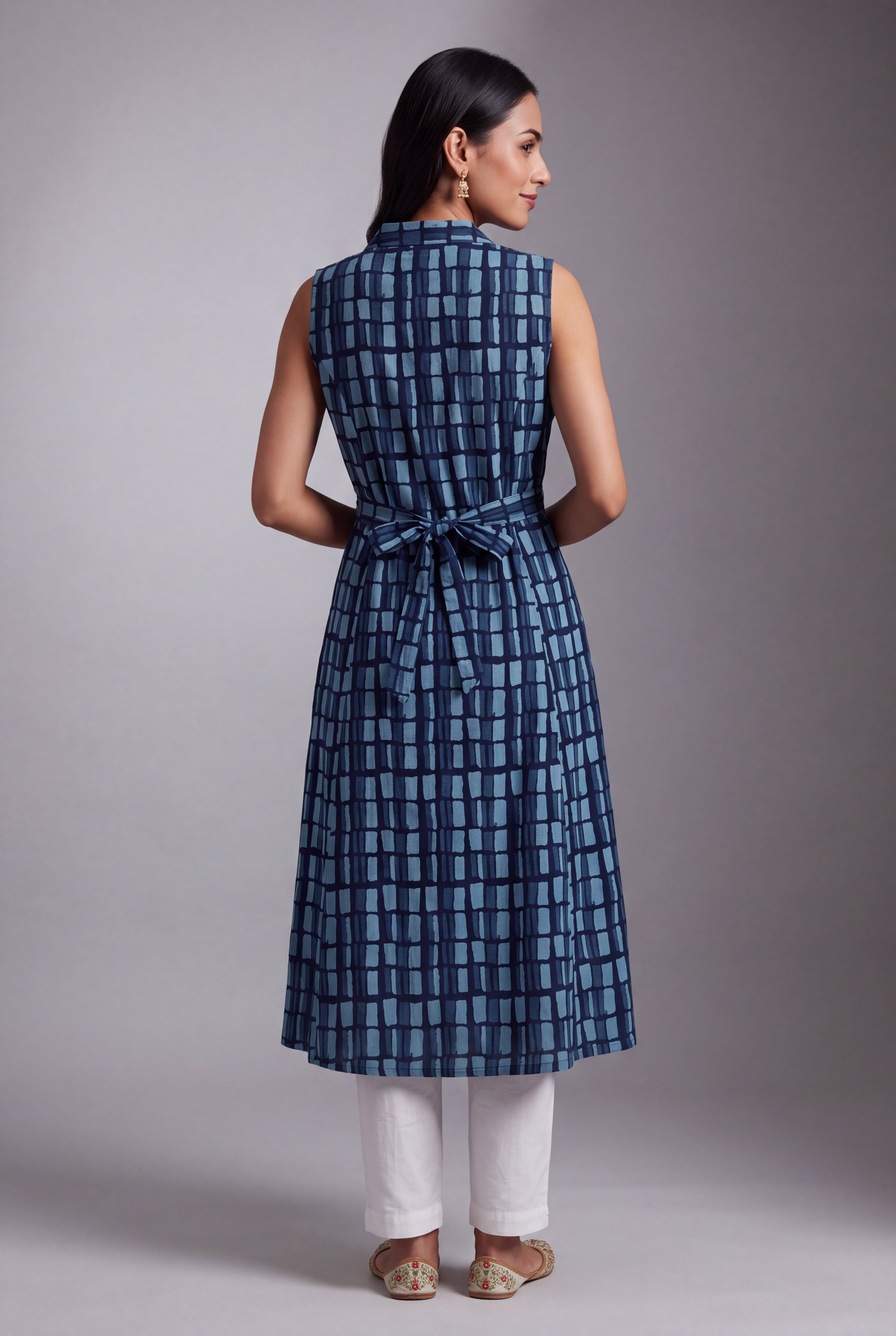 Indigo Jāla-Print Collared A-line Kurti