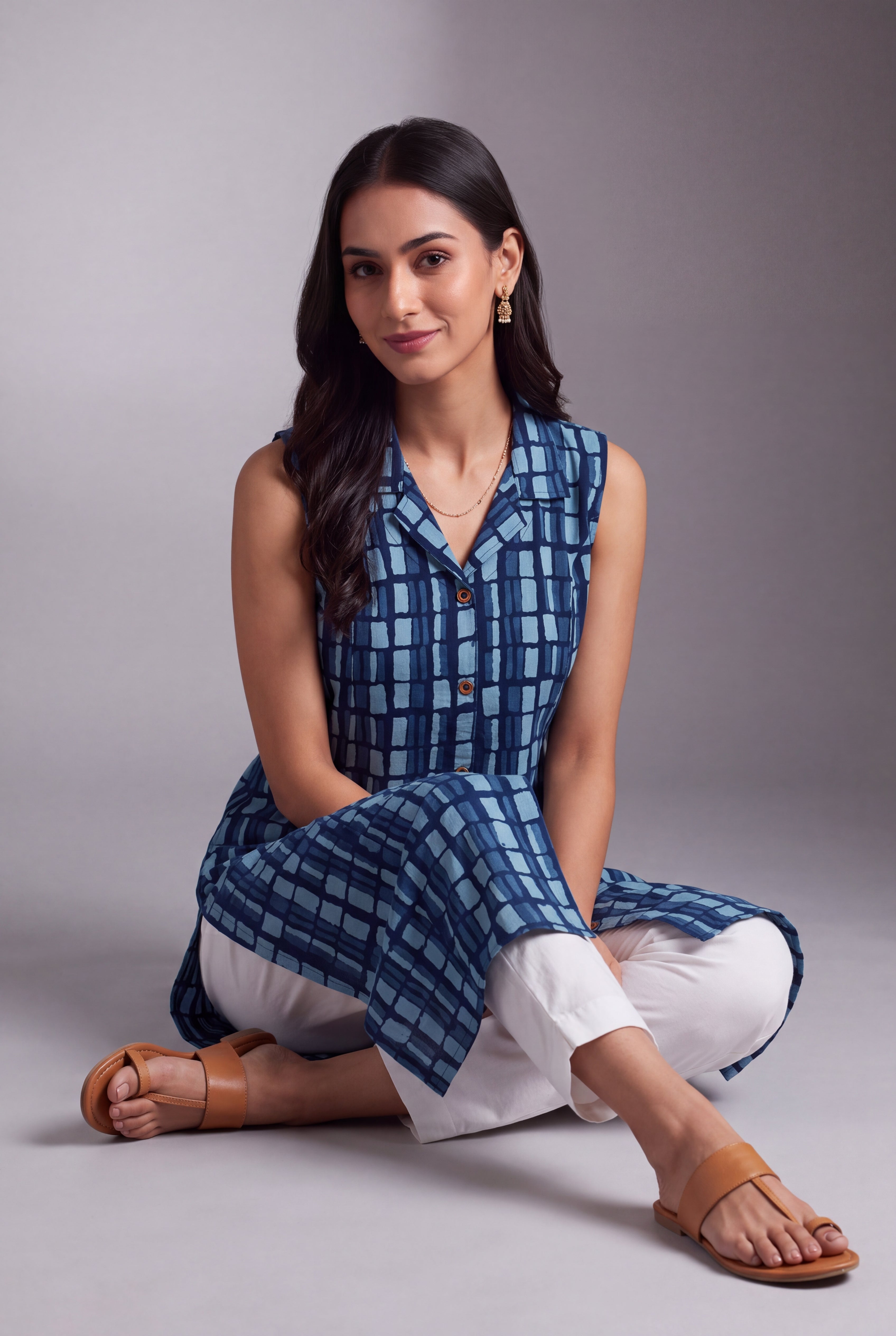 Indigo Jāla-Print Collared A-line Kurti
