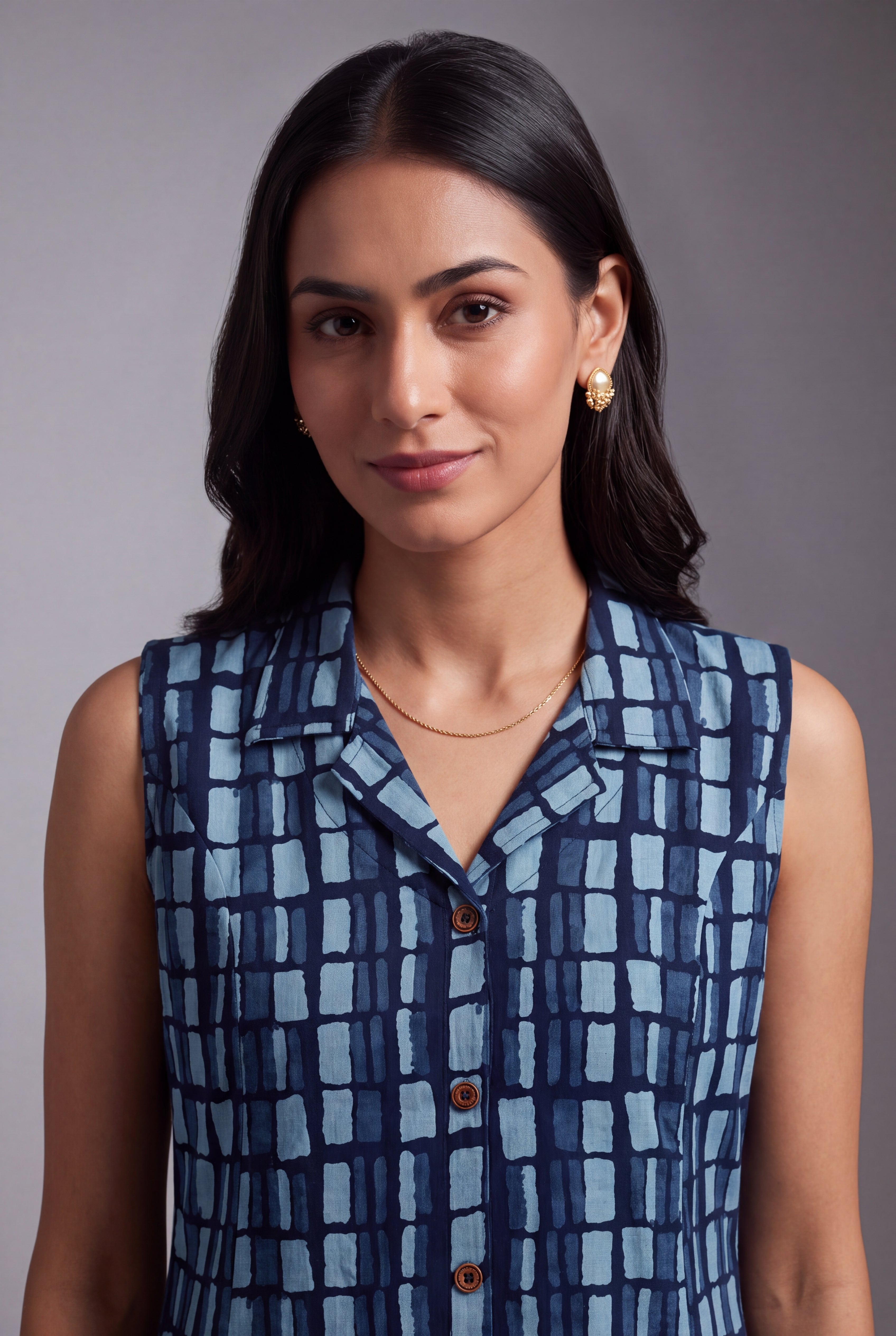 Indigo Jāla-Print Collared A-line Kurti