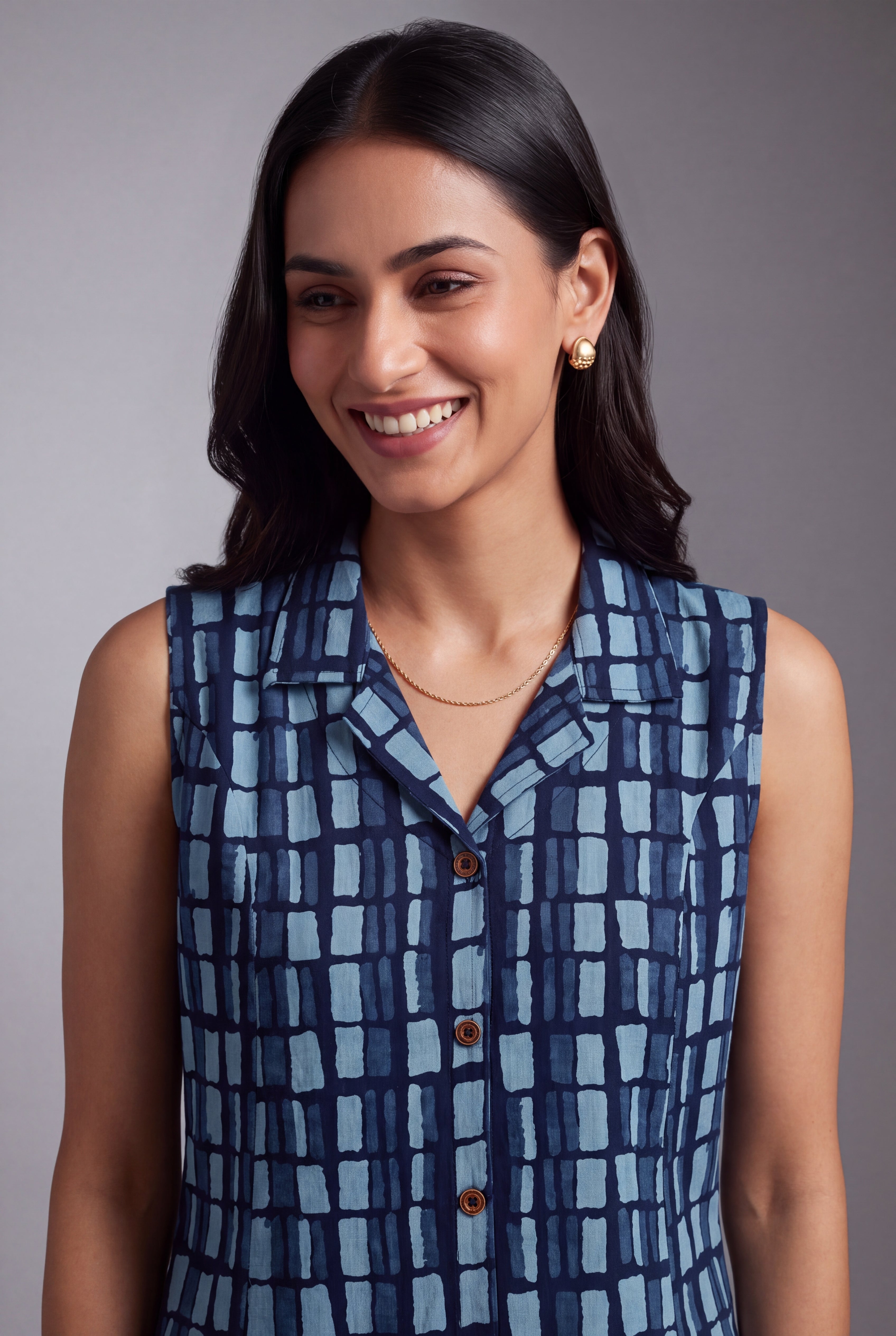 Indigo Jāla-Print Collared A-line Kurti