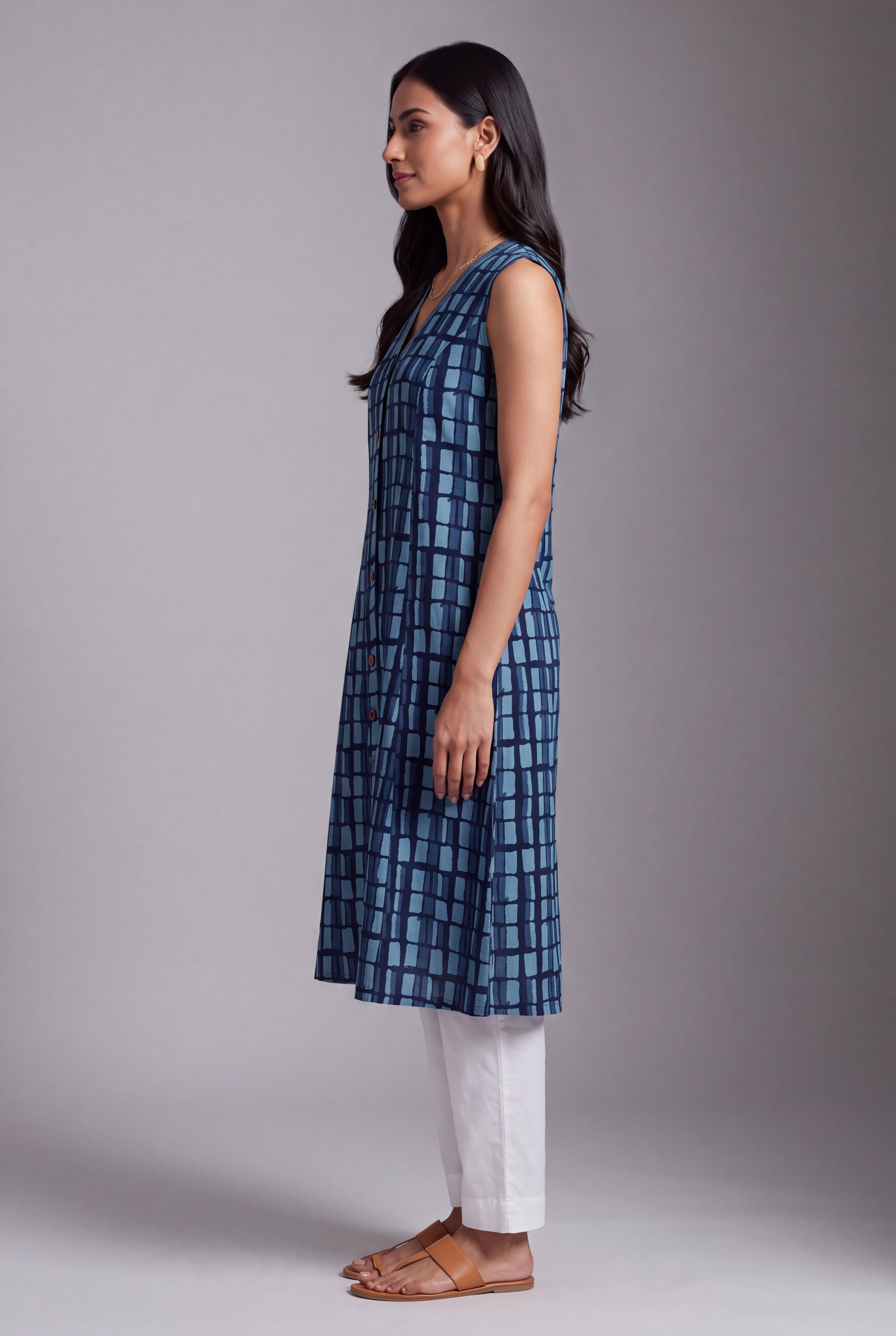 Indigo Jāla-Print Collared A-line Kurti