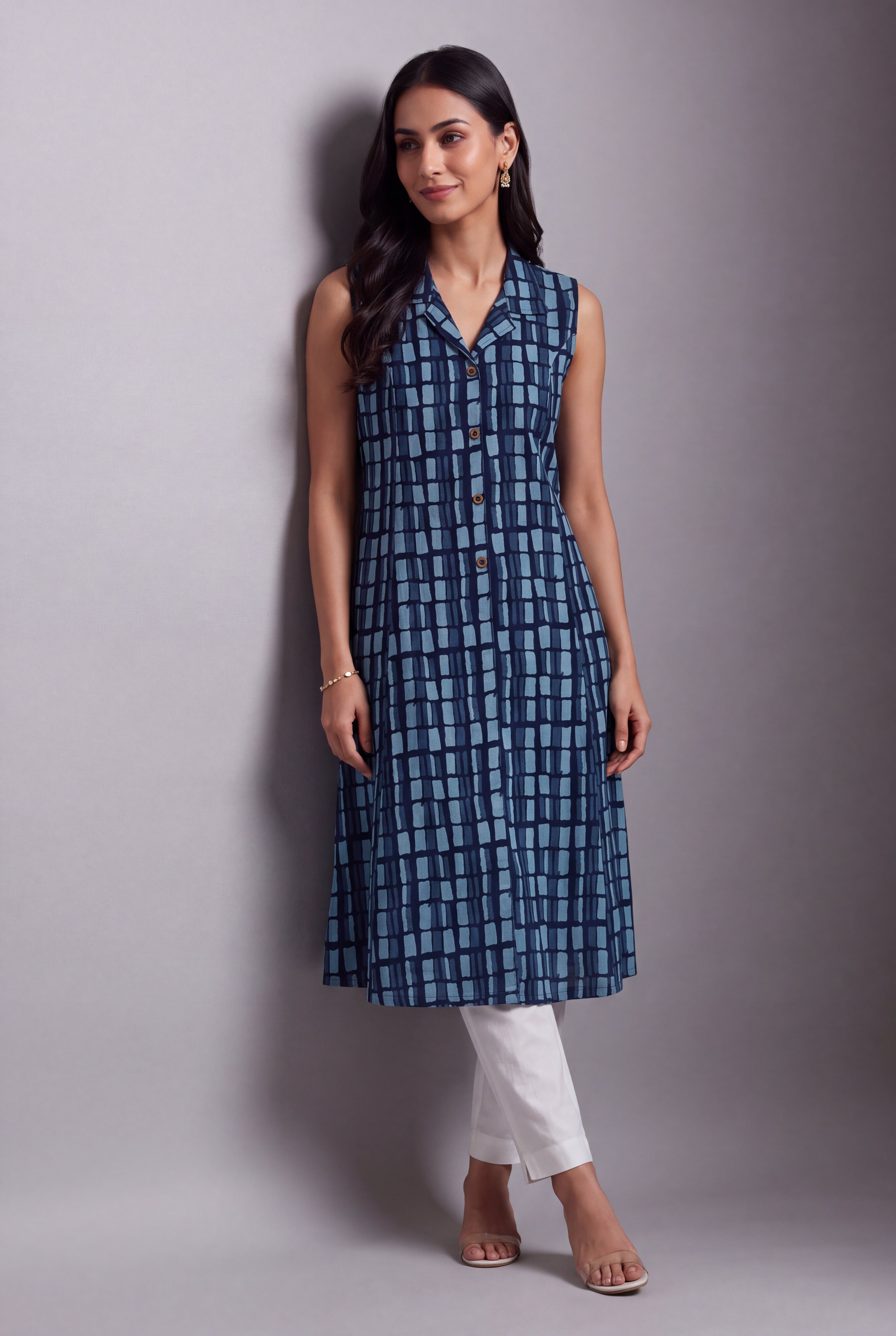 Indigo Jāla-Print Collared A-line Kurti