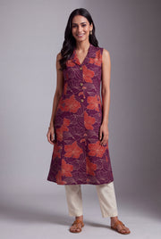 Purple Puṣpa-Print Collared A-line Kurti