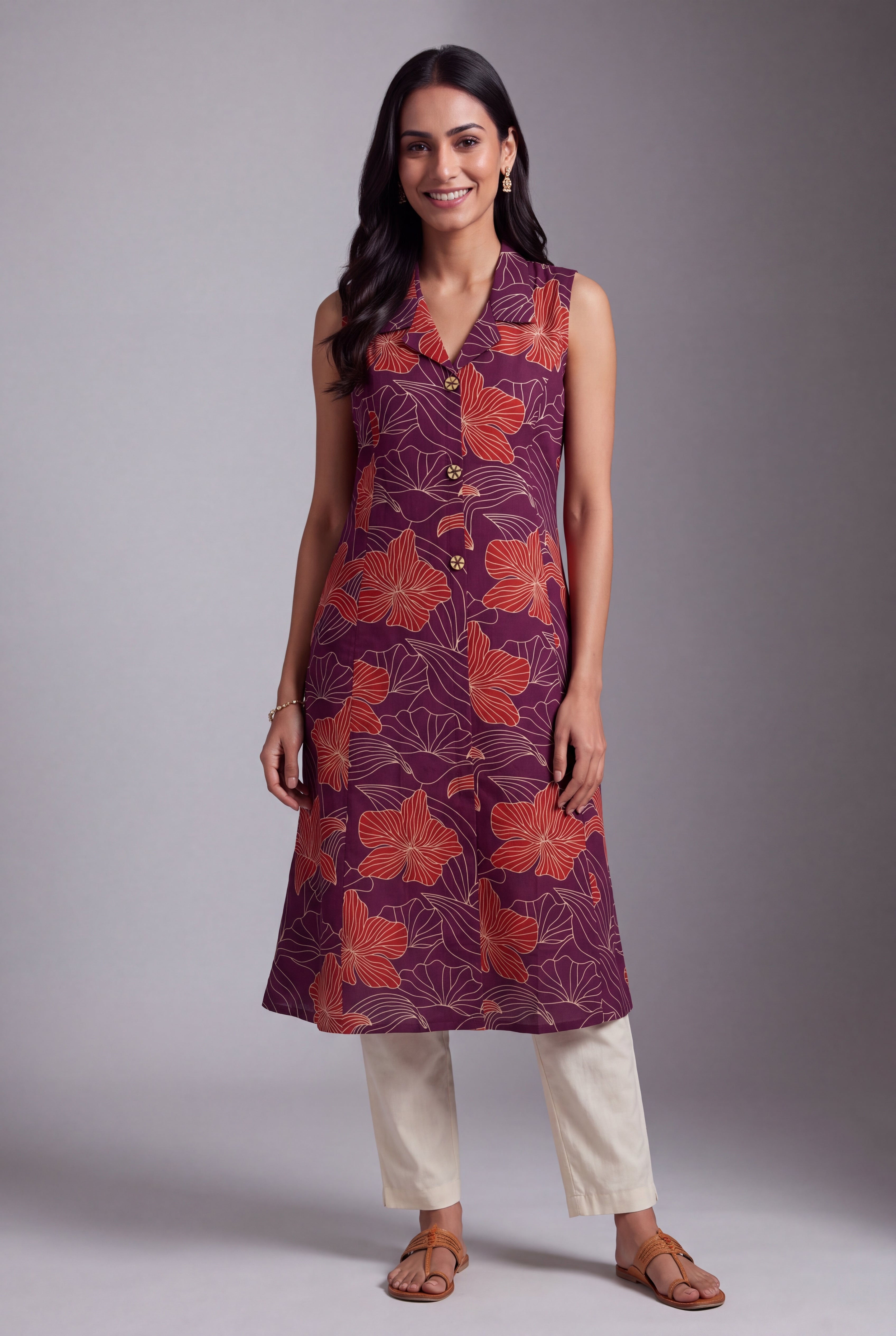 Purple Puṣpa-Print Collared A-line Kurti