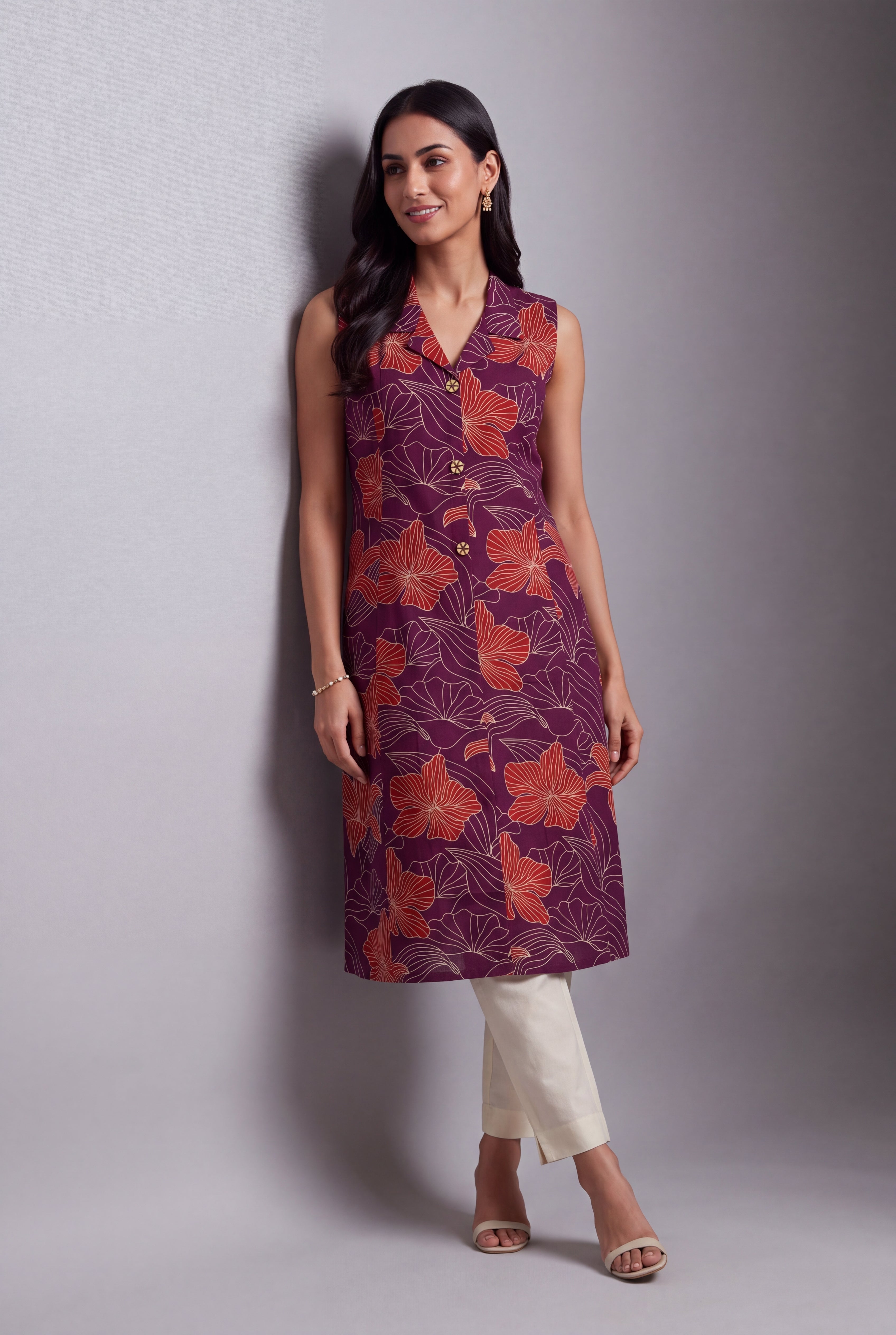 Purple Puṣpa-Print Collared A-line Kurti