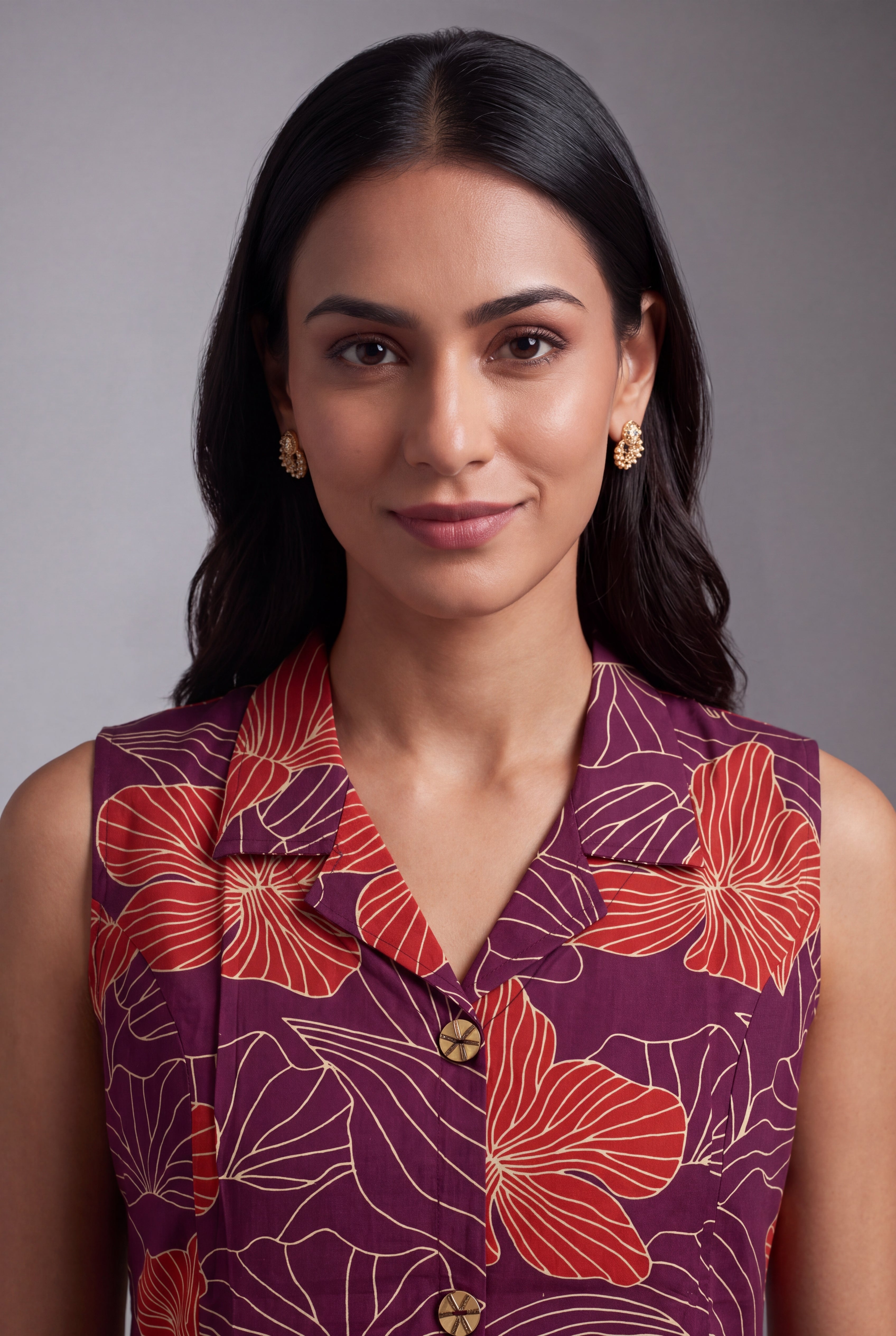 Purple Puṣpa-Print Collared A-line Kurti
