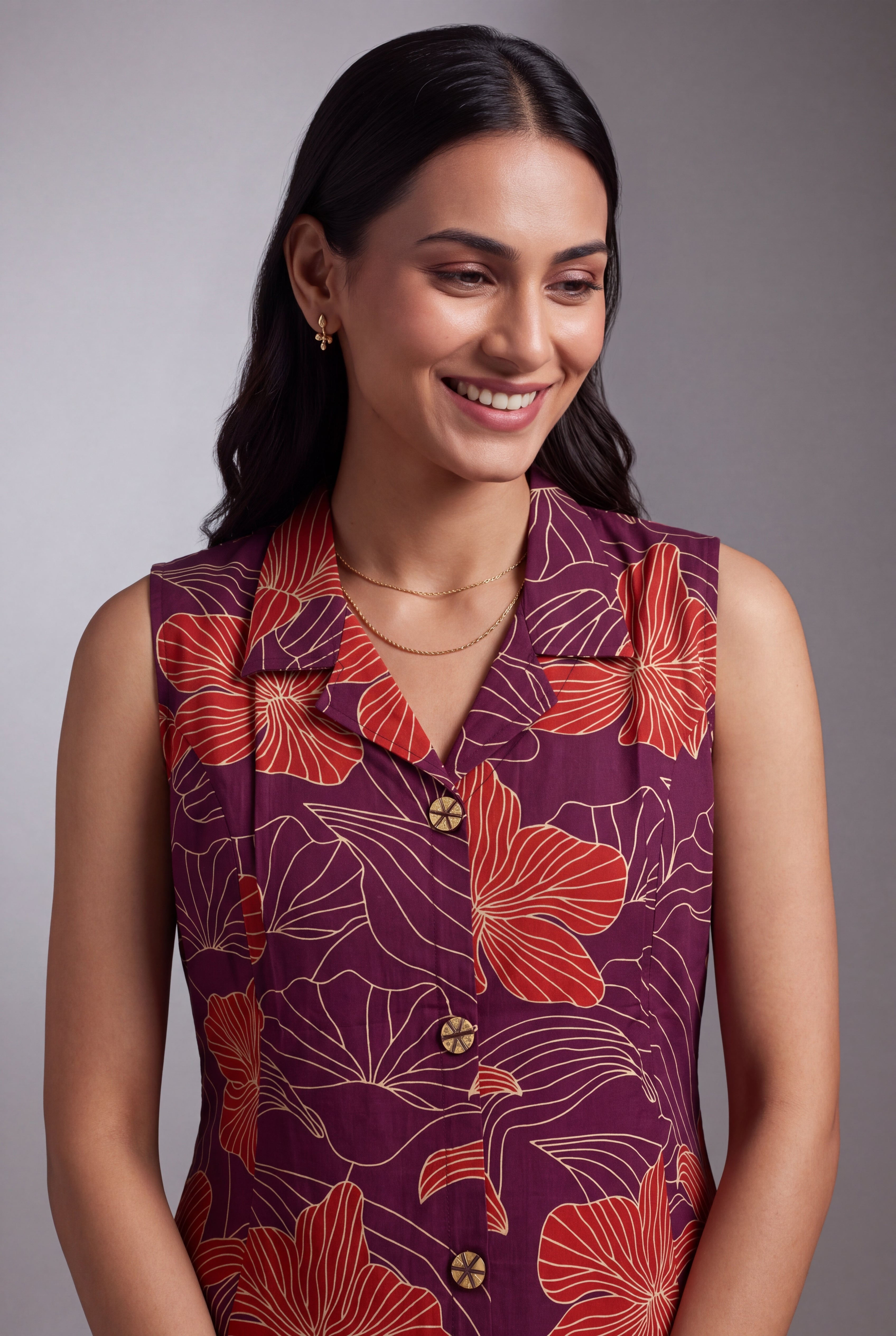 Purple Puṣpa-Print Collared A-line Kurti