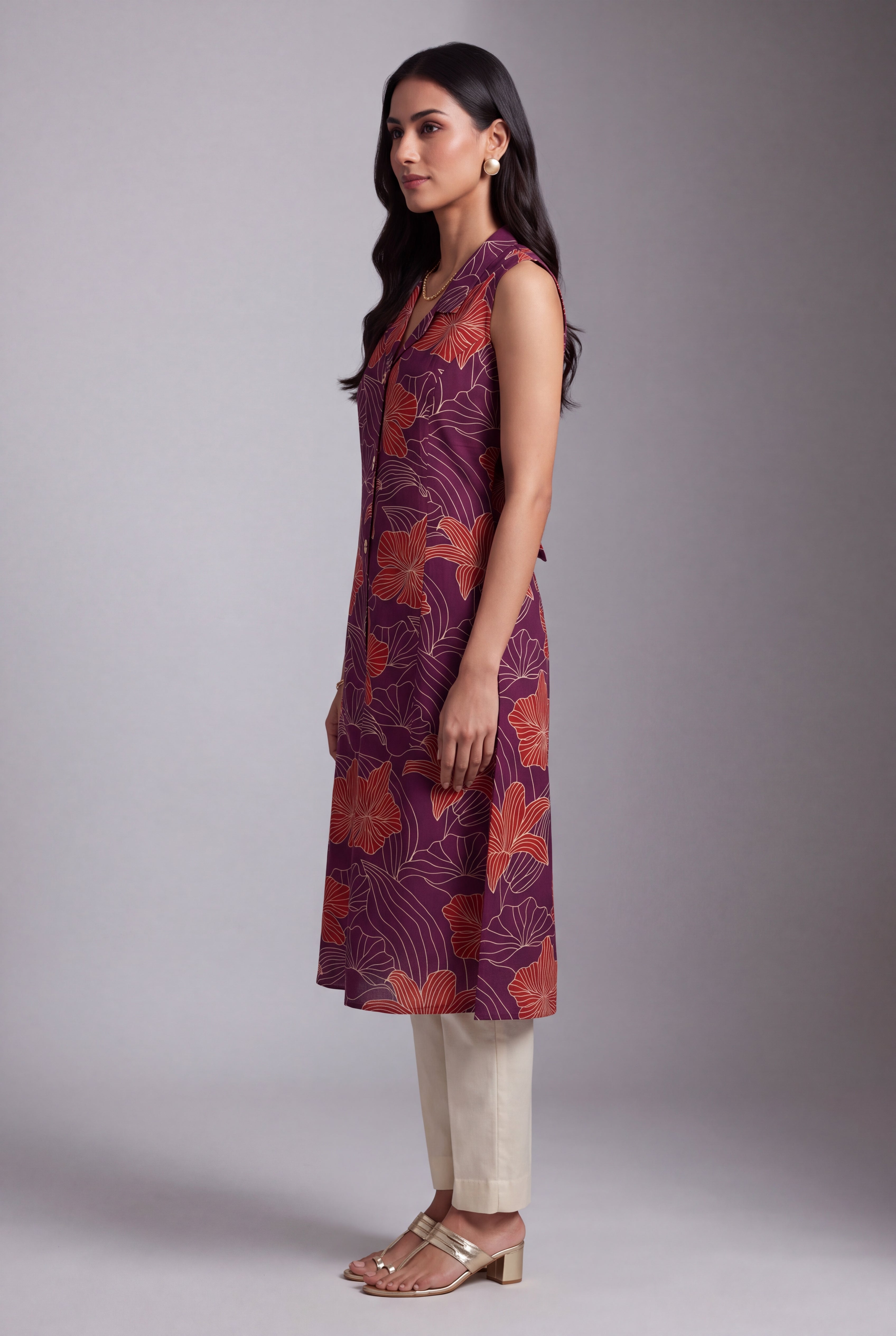 Purple Puṣpa-Print Collared A-line Kurti