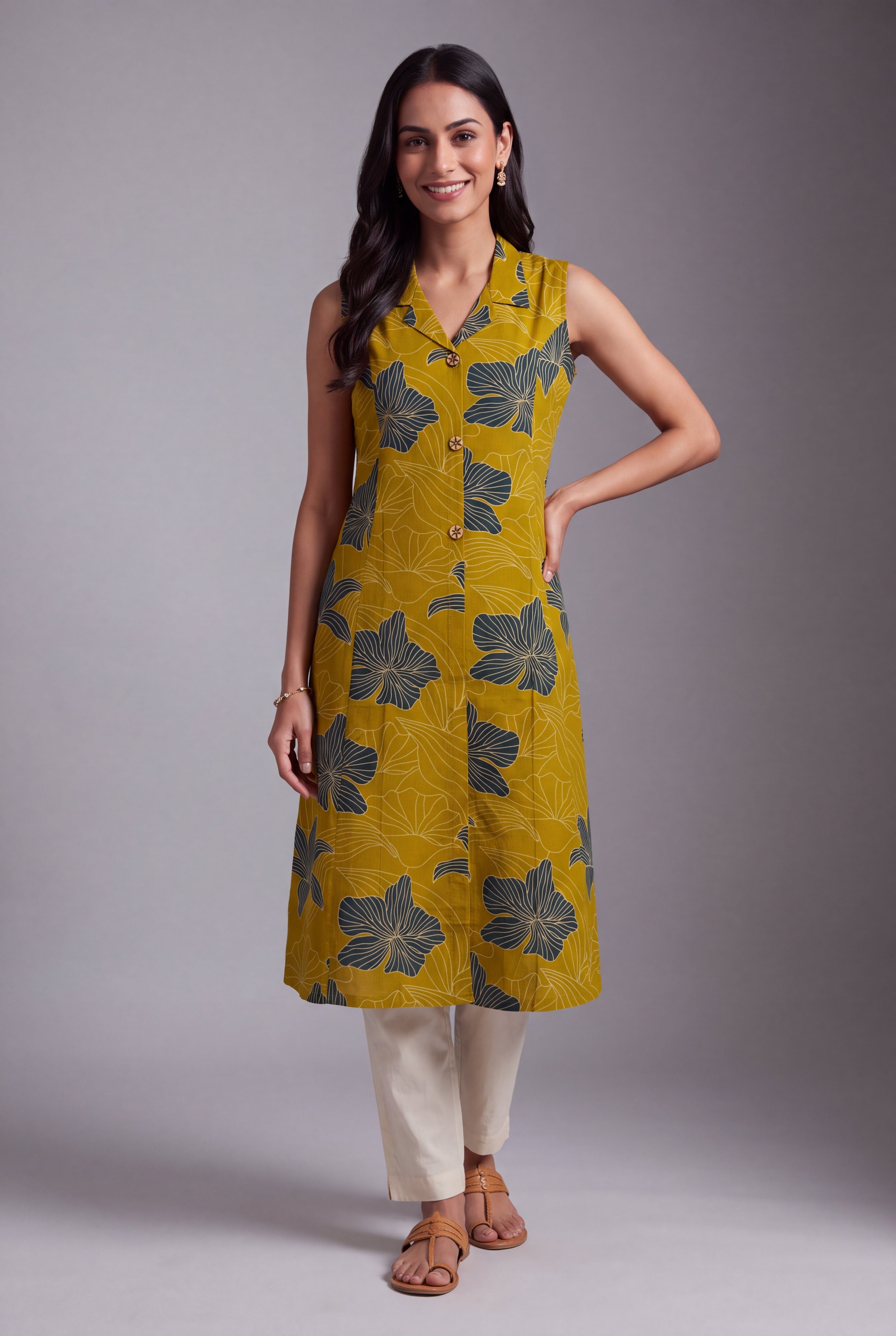 Mustard Puṣpa-Print Collared A-line Kurti