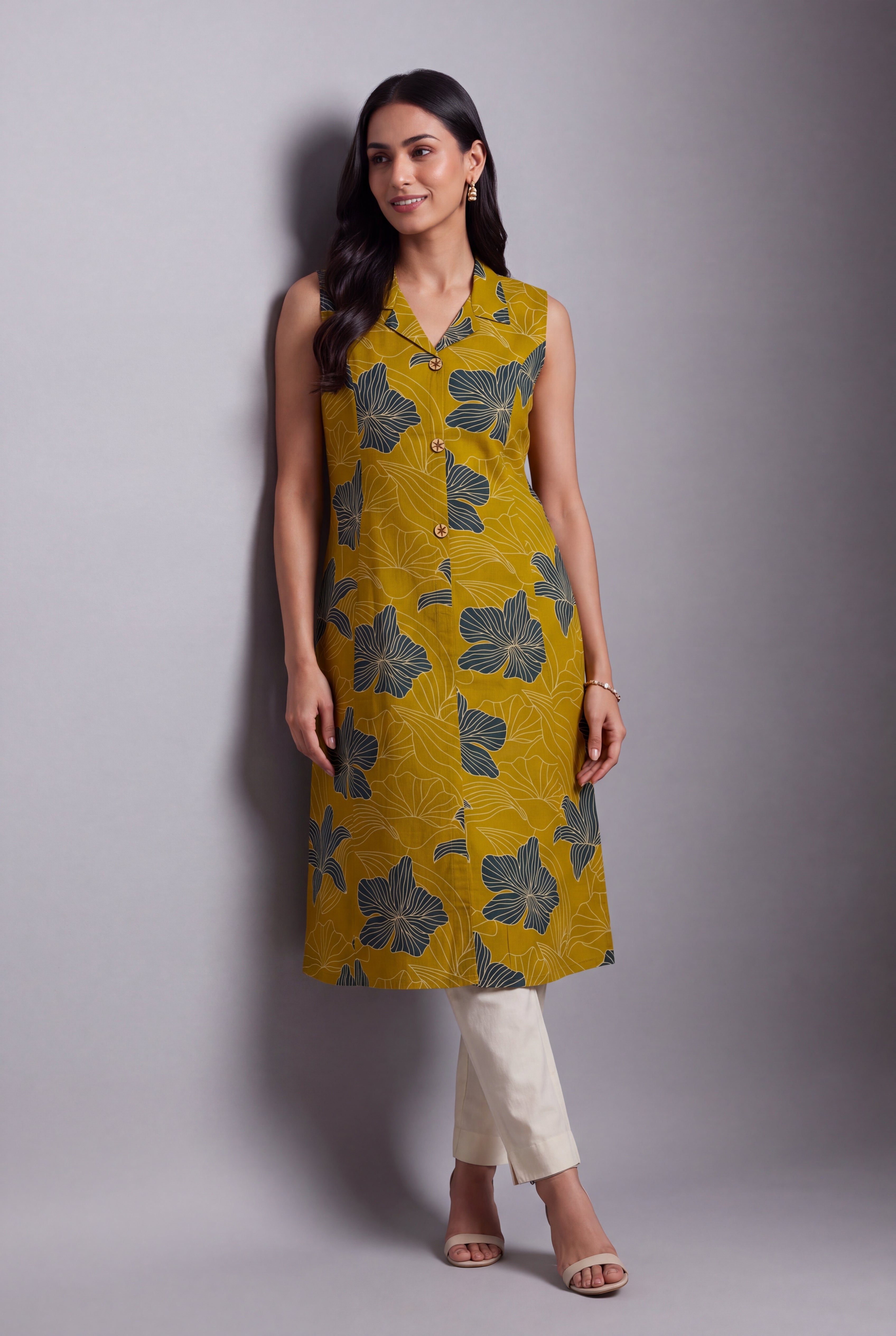 Mustard Puṣpa-Print Collared A-line Kurti