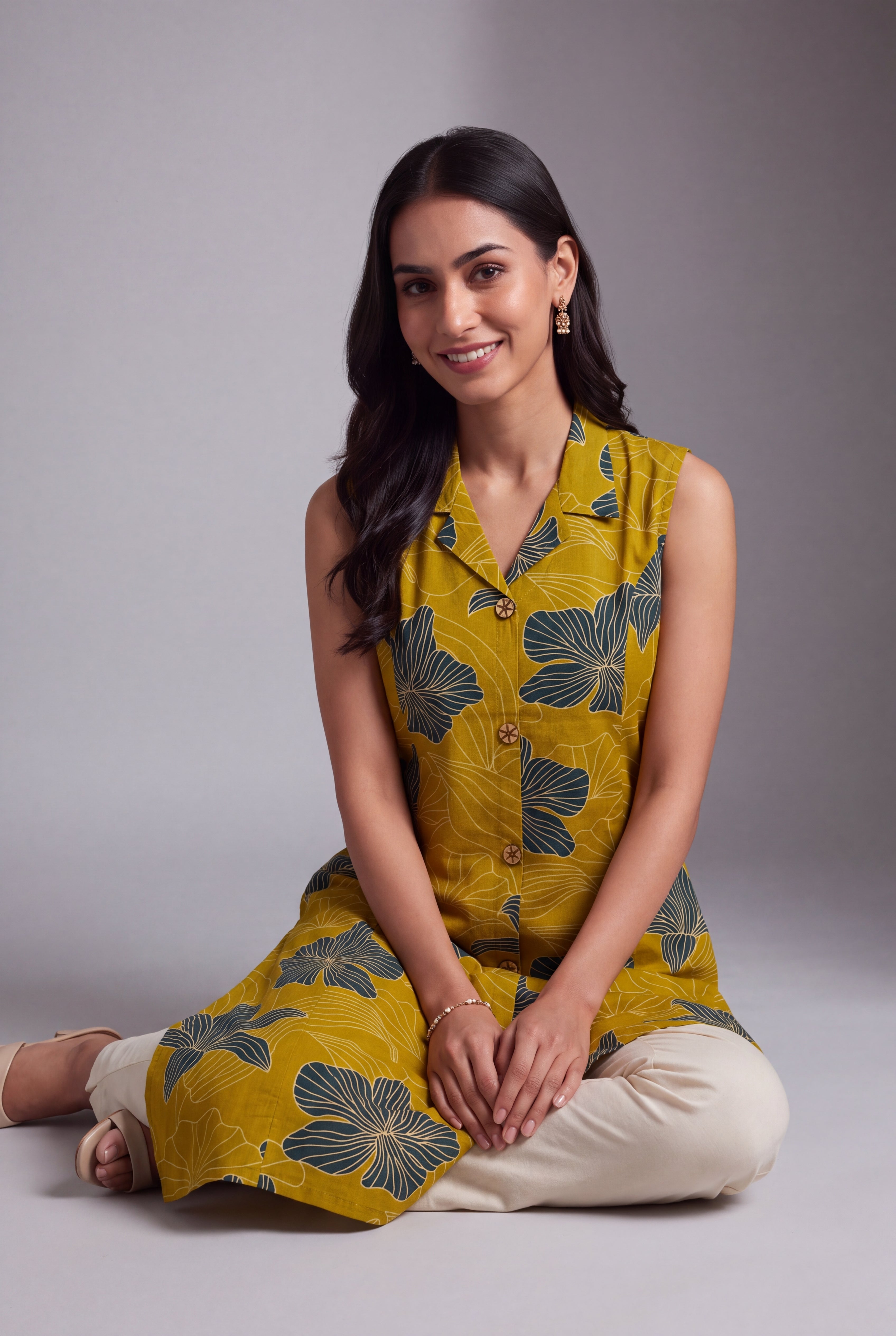 Mustard Puṣpa-Print Collared A-line Kurti