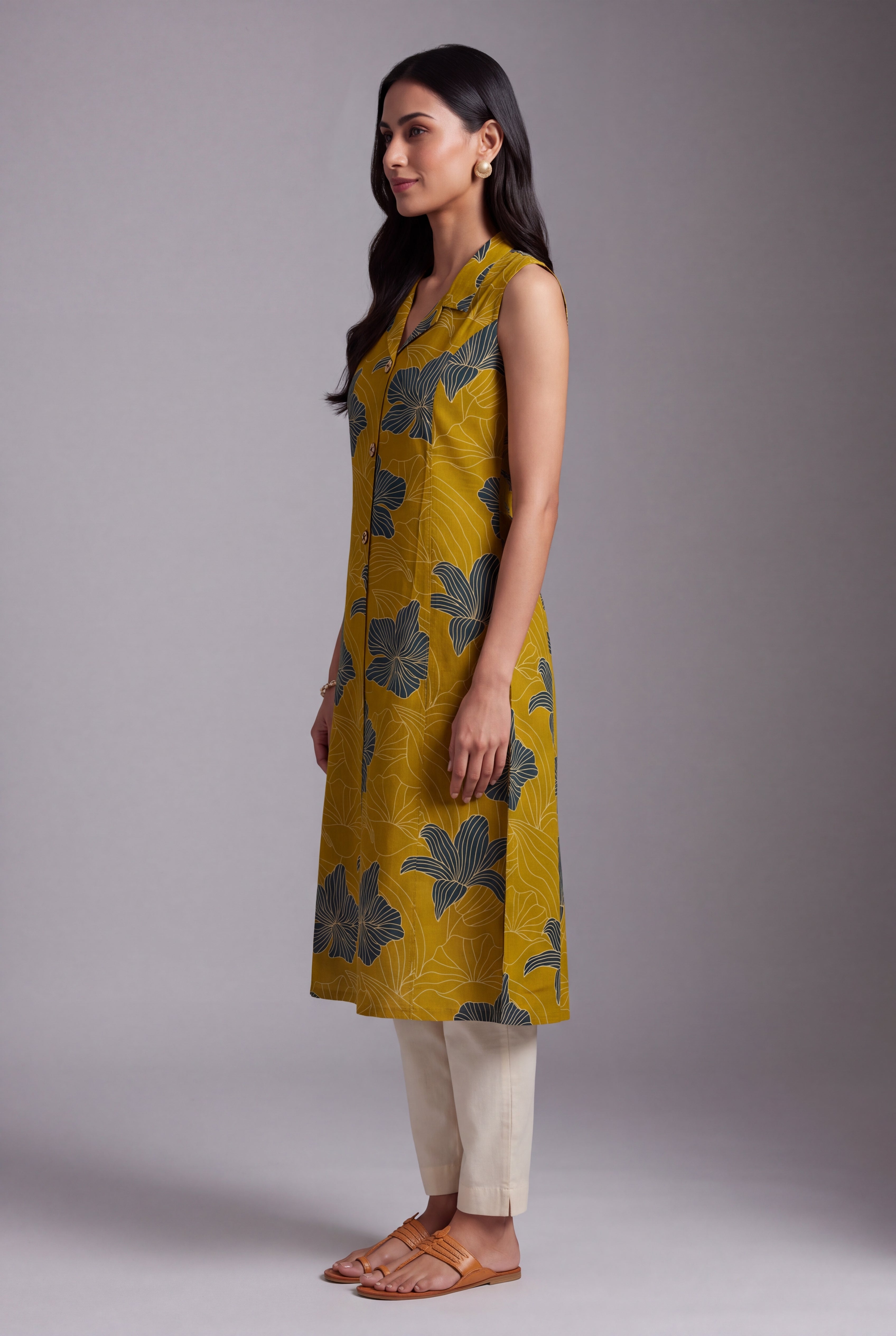 Mustard Puṣpa-Print Collared A-line Kurti