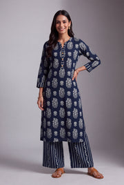 Sapphire Blue Latā Co-ord Set with Mandarin collar