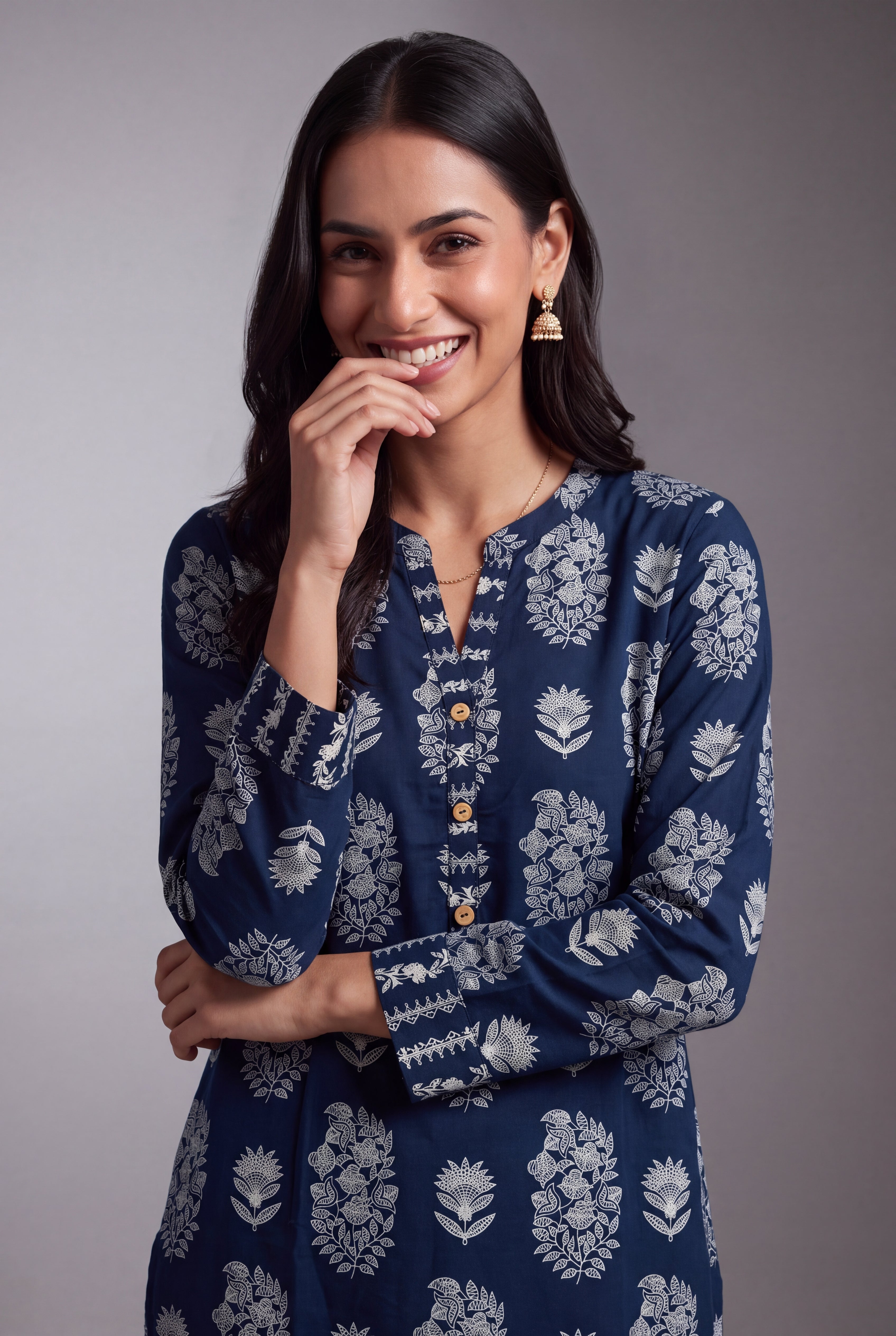 Sapphire Blue Latā Co-ord Set with Mandarin collar