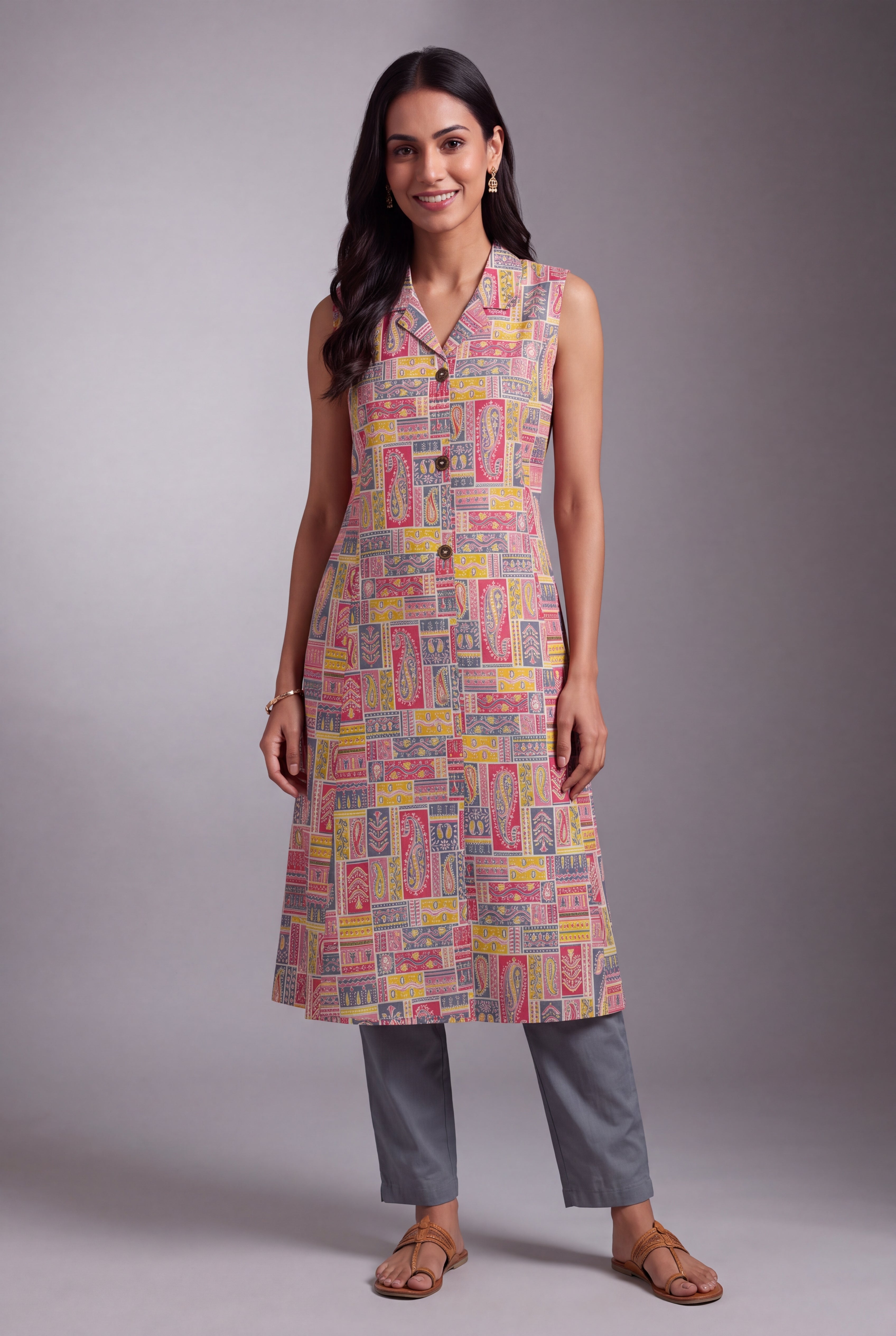 Pink and Grey Varṇita A-Line Kurti