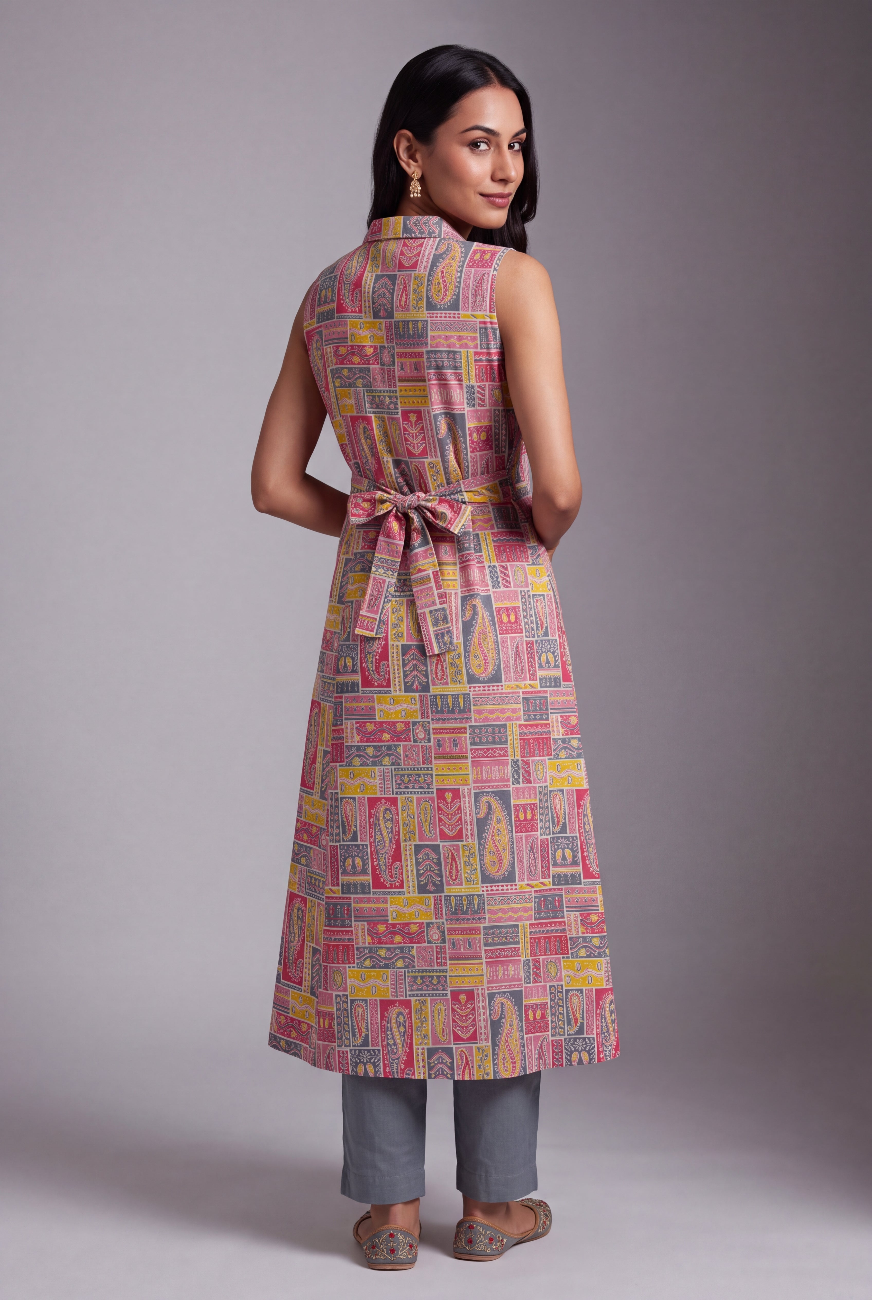 Pink and Grey Varṇita A-Line Kurti