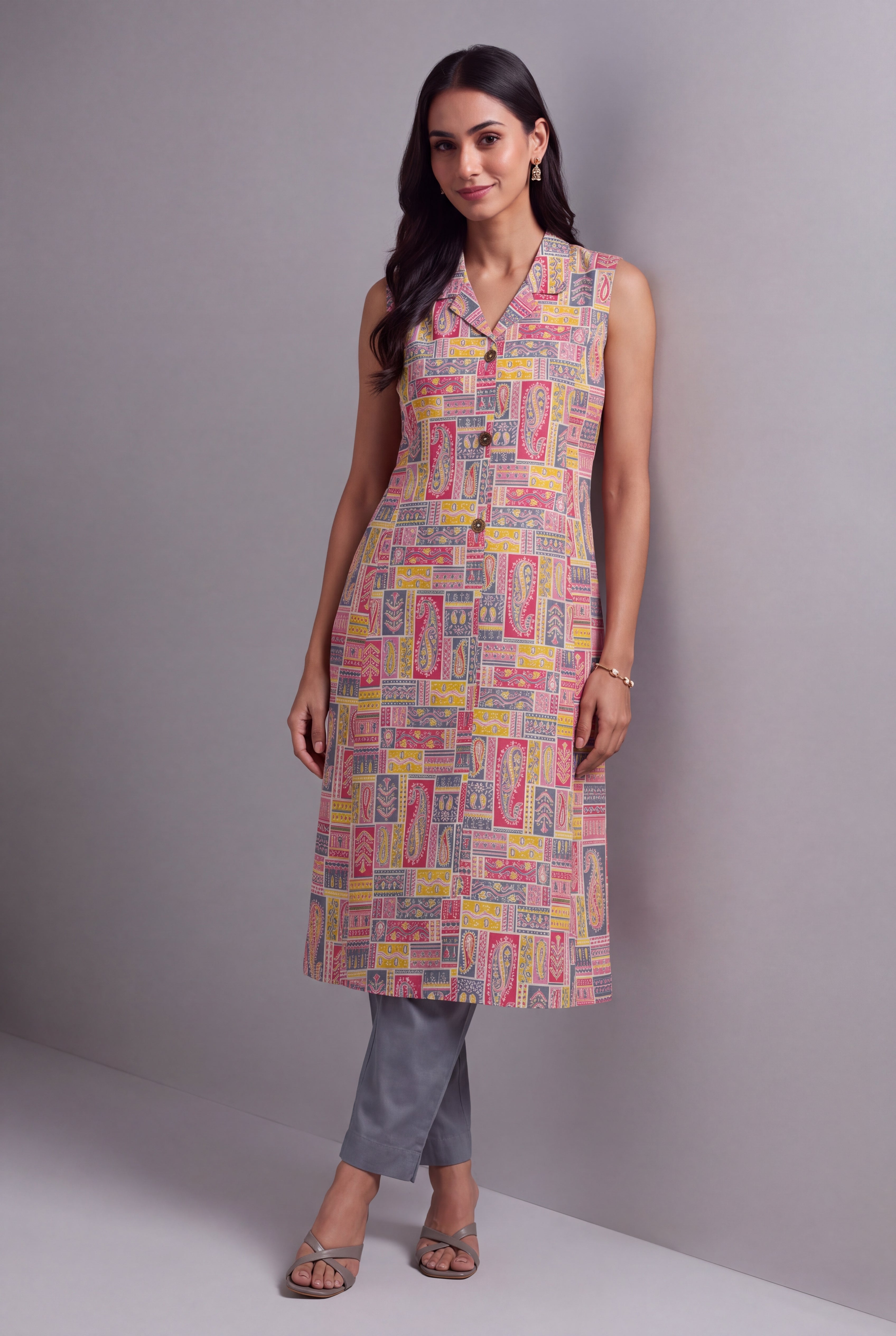 Pink and Grey Varṇita A-Line Kurti