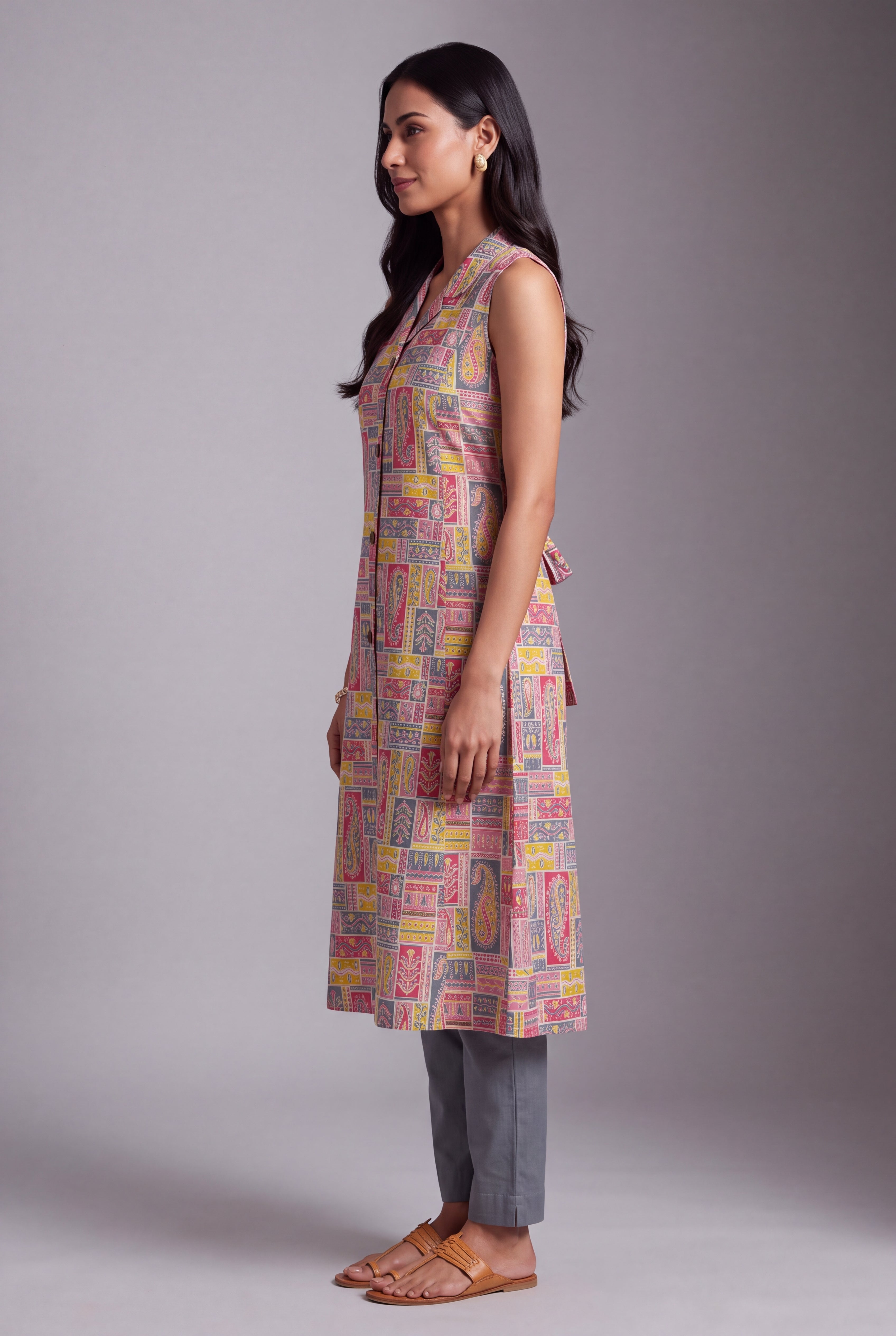 Pink and Grey Varṇita A-Line Kurti