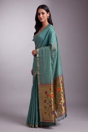 Sea Green Jamdhani Cotton Paithani Saree with Zari Stripes and Puṣpavallī Pallu