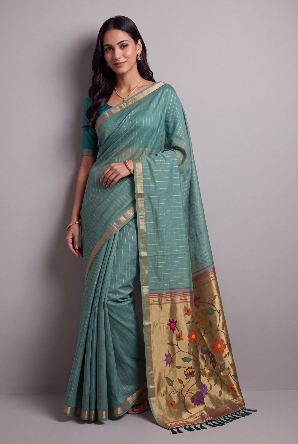 Sea Green Jamdhani Cotton Paithani Saree with Zari Stripes and Puṣpavallī Pallu