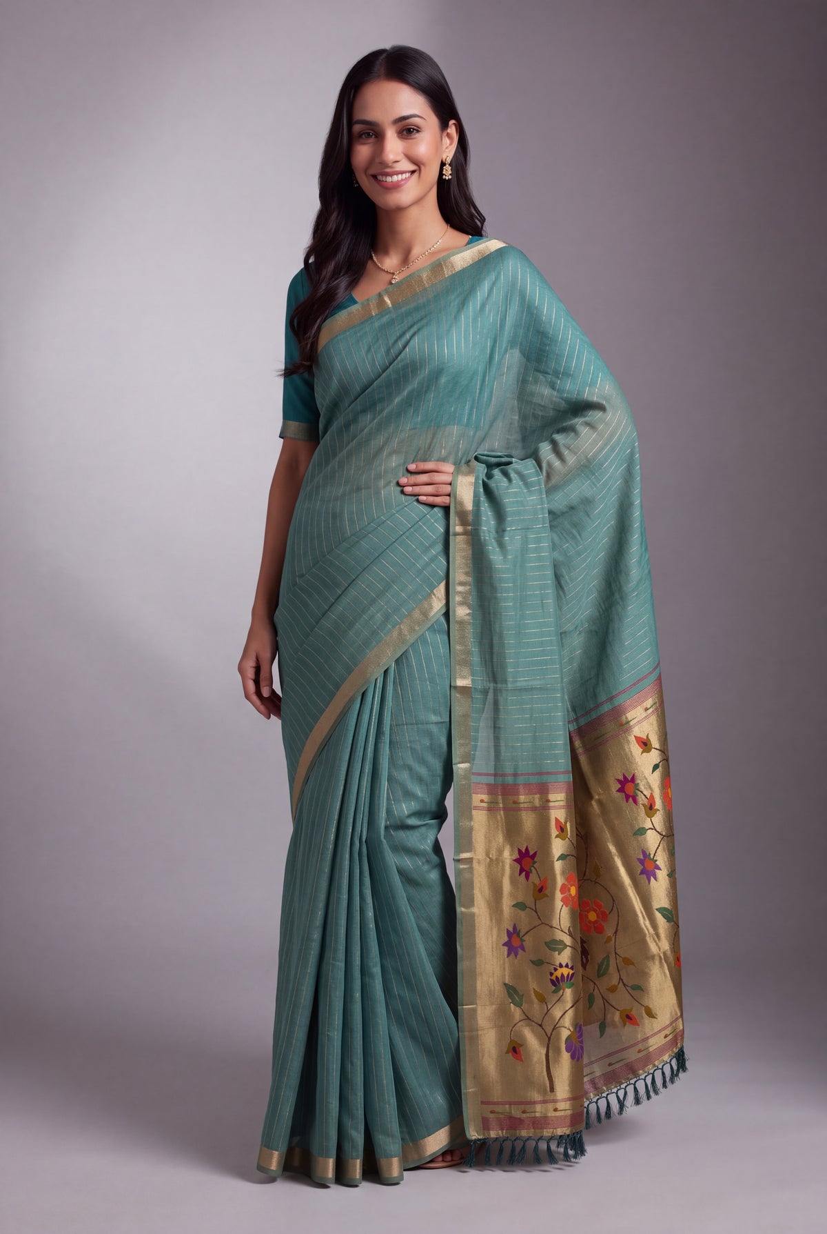 Sea Green Jamdhani Cotton Paithani Saree with Zari Stripes and Puṣpavallī Pallu