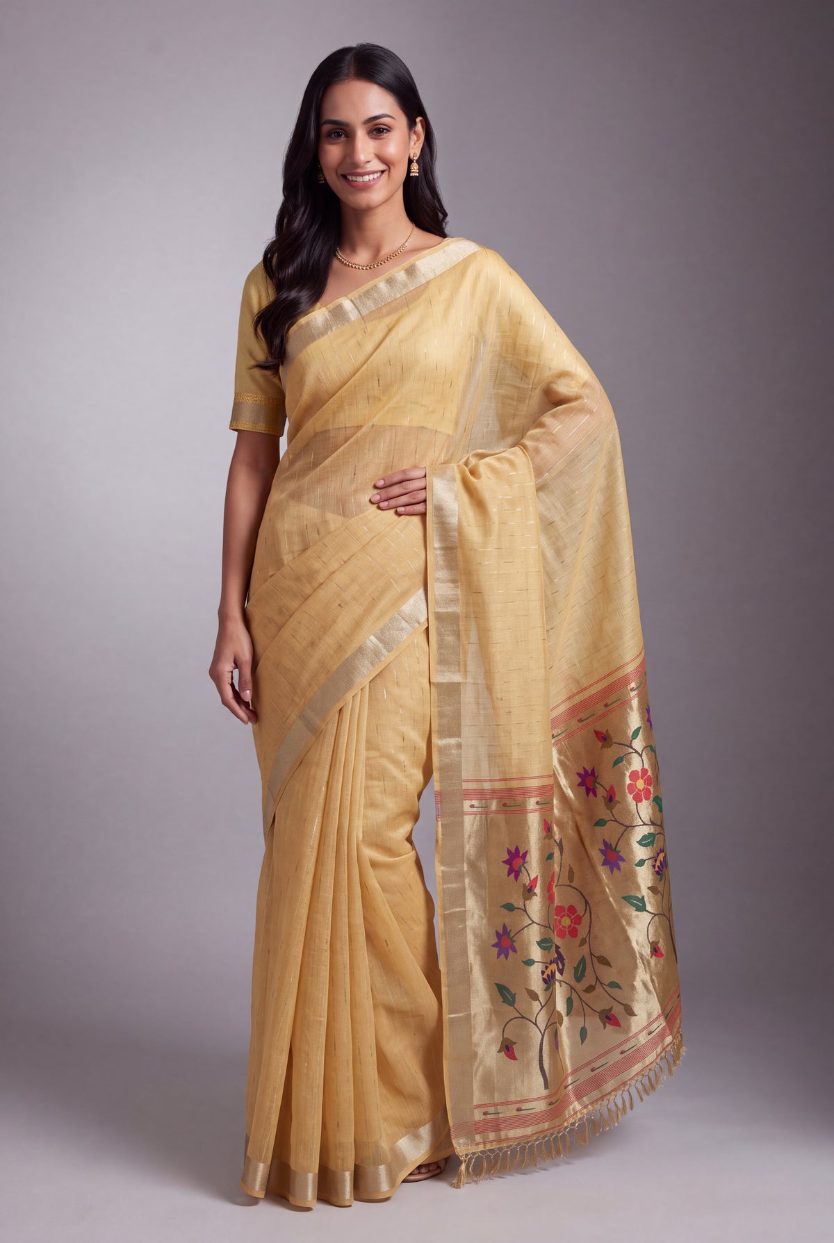 Butter Yellow Jamdhani Cotton Paithani Saree with Zari Stripes and Puṣpavallī Pallu