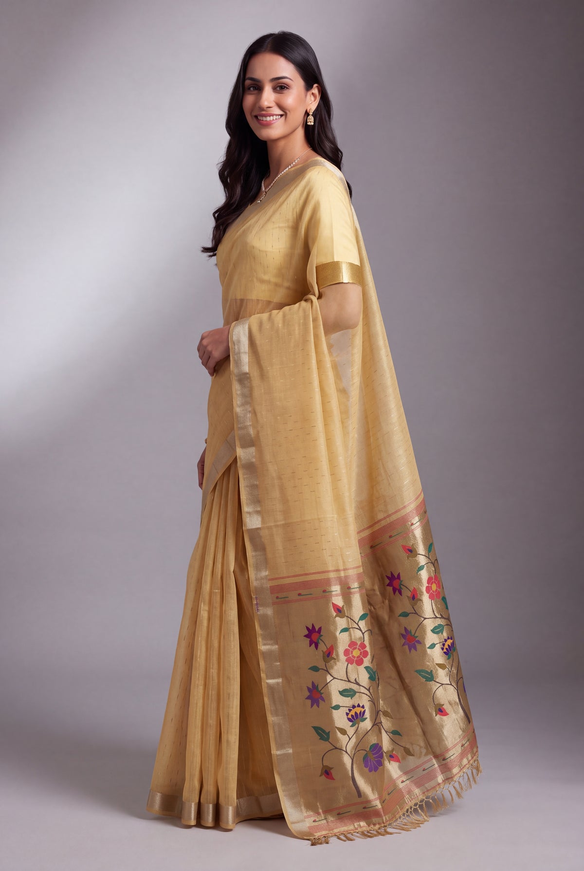 Butter Yellow Jamdhani Cotton Paithani Saree with Zari Stripes and Puṣpavallī Pallu
