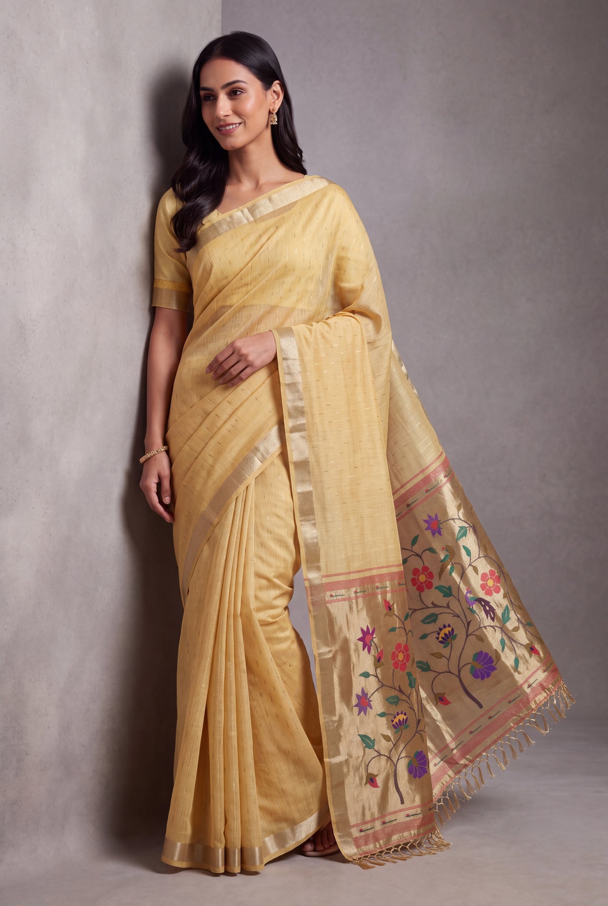 Butter Yellow Jamdhani Cotton Paithani Saree with Zari Stripes and Puṣpavallī Pallu