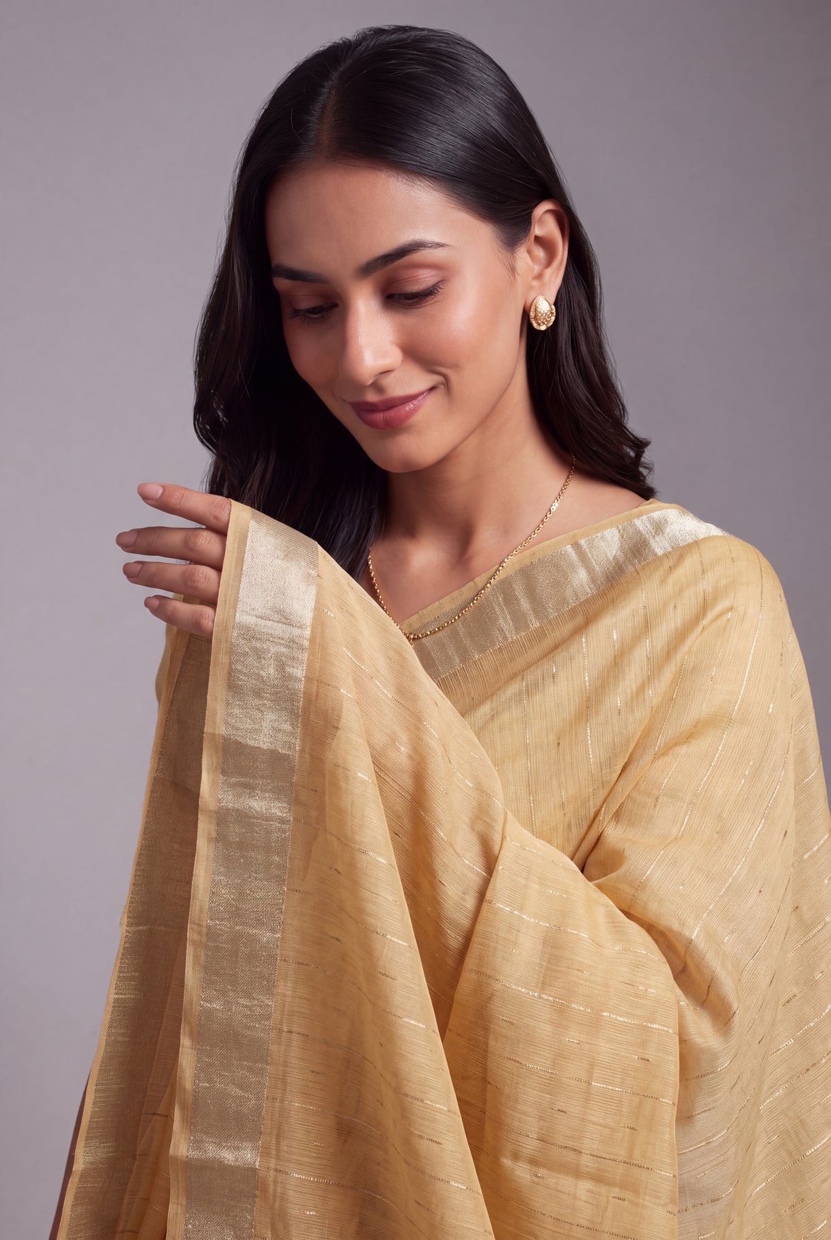 Butter Yellow Jamdhani Cotton Paithani Saree with Zari Stripes and Puṣpavallī Pallu