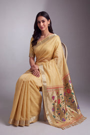 Butter Yellow Jamdhani Cotton Paithani Saree with Zari Stripes and Puṣpavallī Pallu