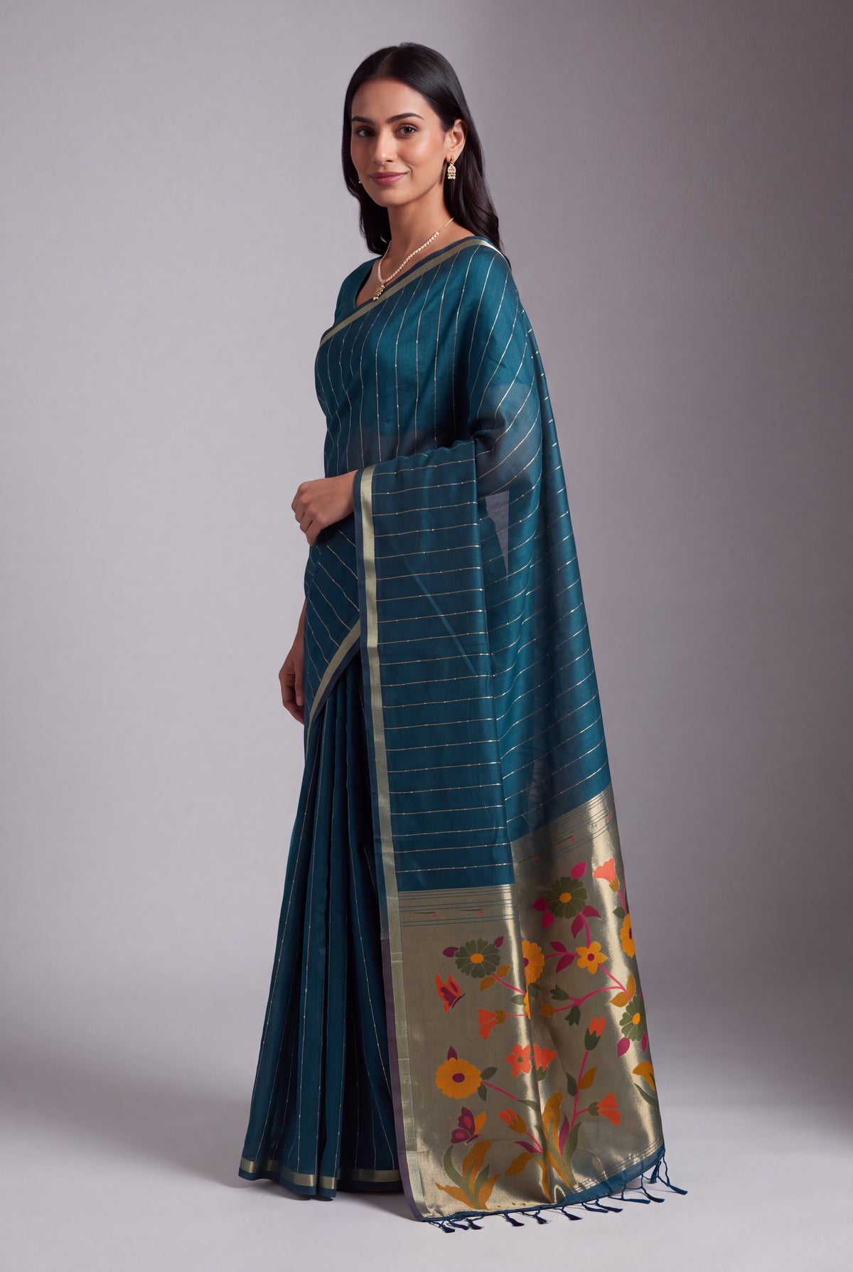 Sapphire Blue Jamdhani Cotton Paithani Saree with Zari Stripes and Sequins work