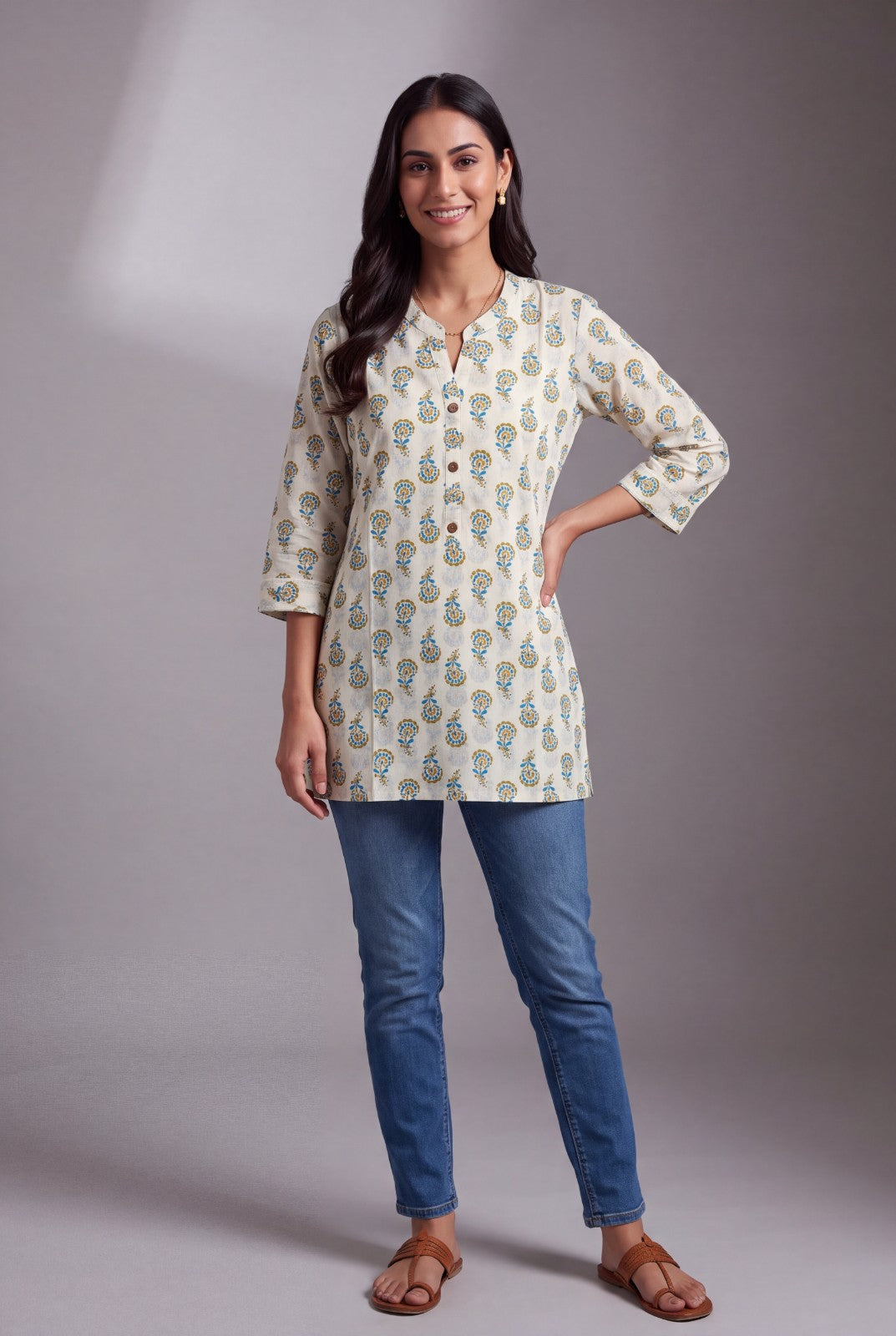 Cream Pure Cotton Nīlapuṣpa Short Kurti with Mandarin Collar