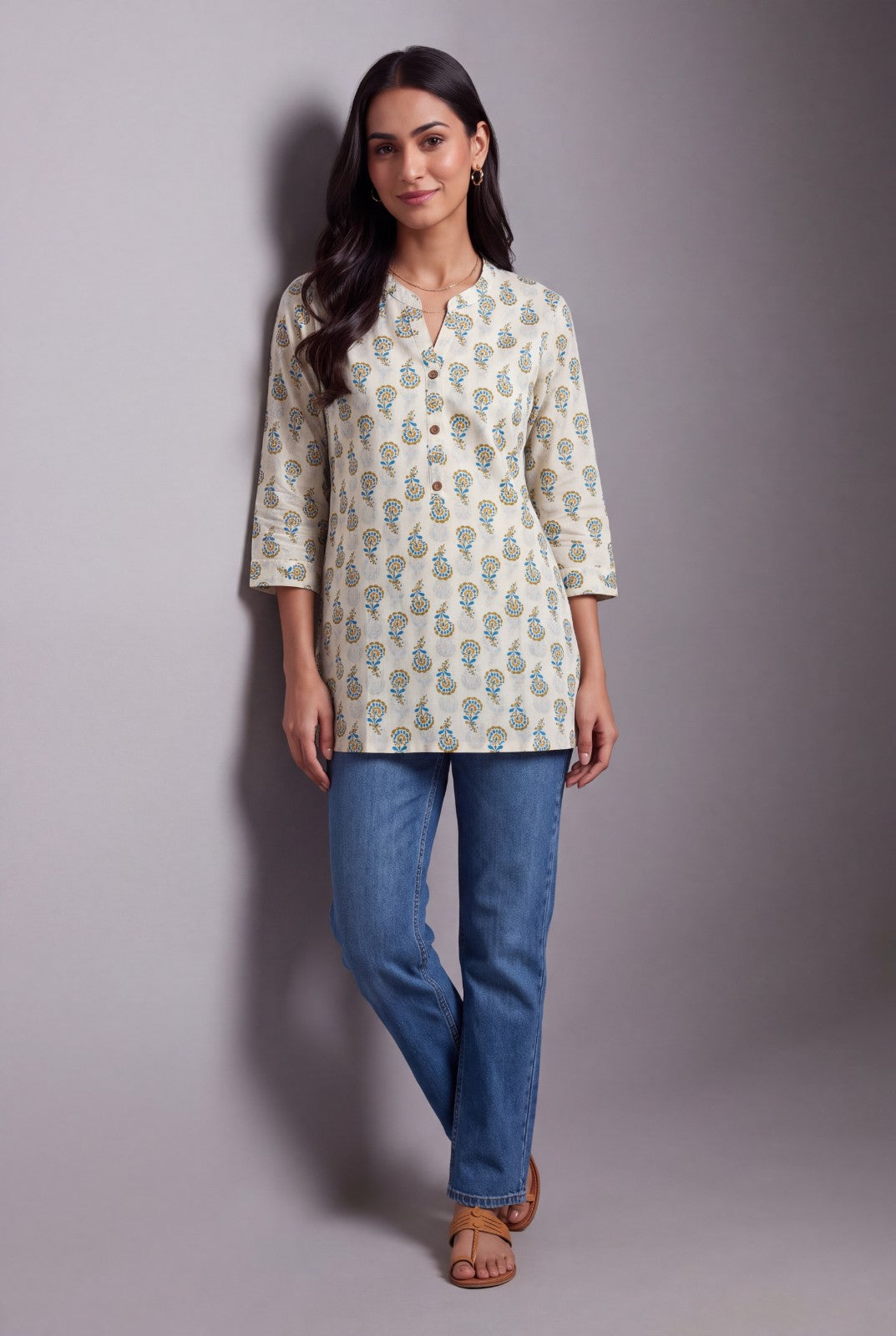 Cream Pure Cotton Nīlapuṣpa Short Kurti with Mandarin Collar