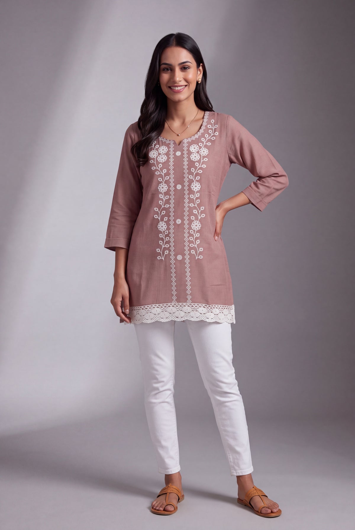 Pastel Pink Lucknowi Chikankari Kurti with crochet lace hem