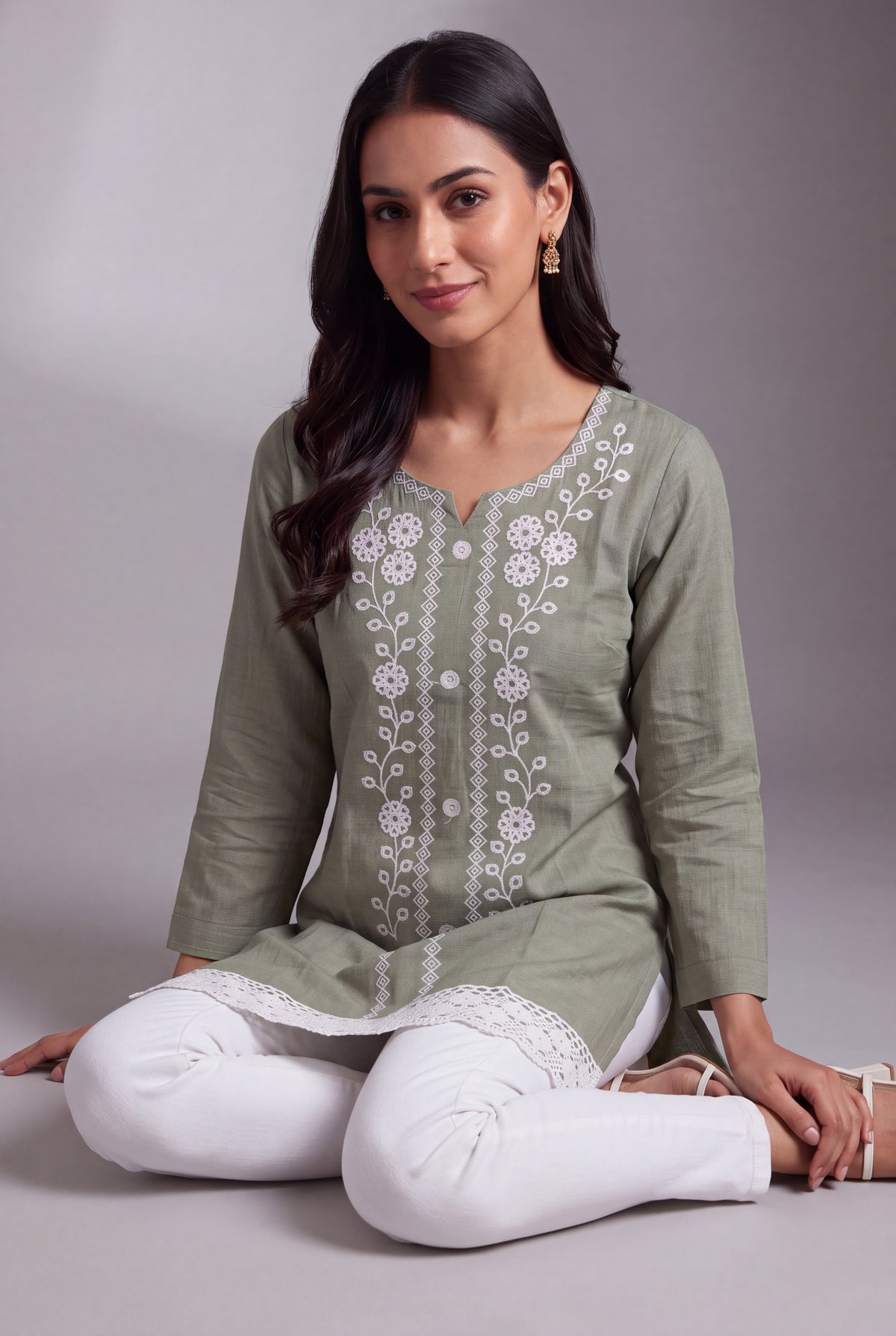 Pastel Green Lucknowi Chikankari Kurti with Crochet Lace Hem