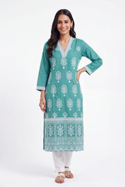 Sea Green Kusuma Laherī Kurti with Ivory threadwork motifs