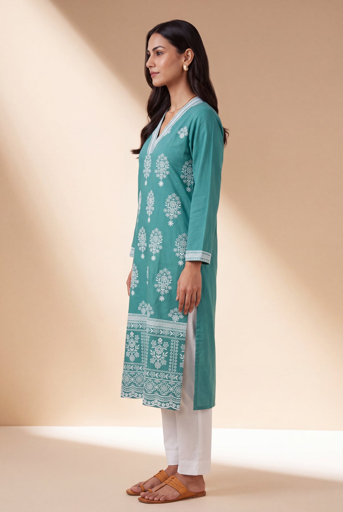 Sea Green Kusuma Laherī Kurti with Ivory threadwork motifs