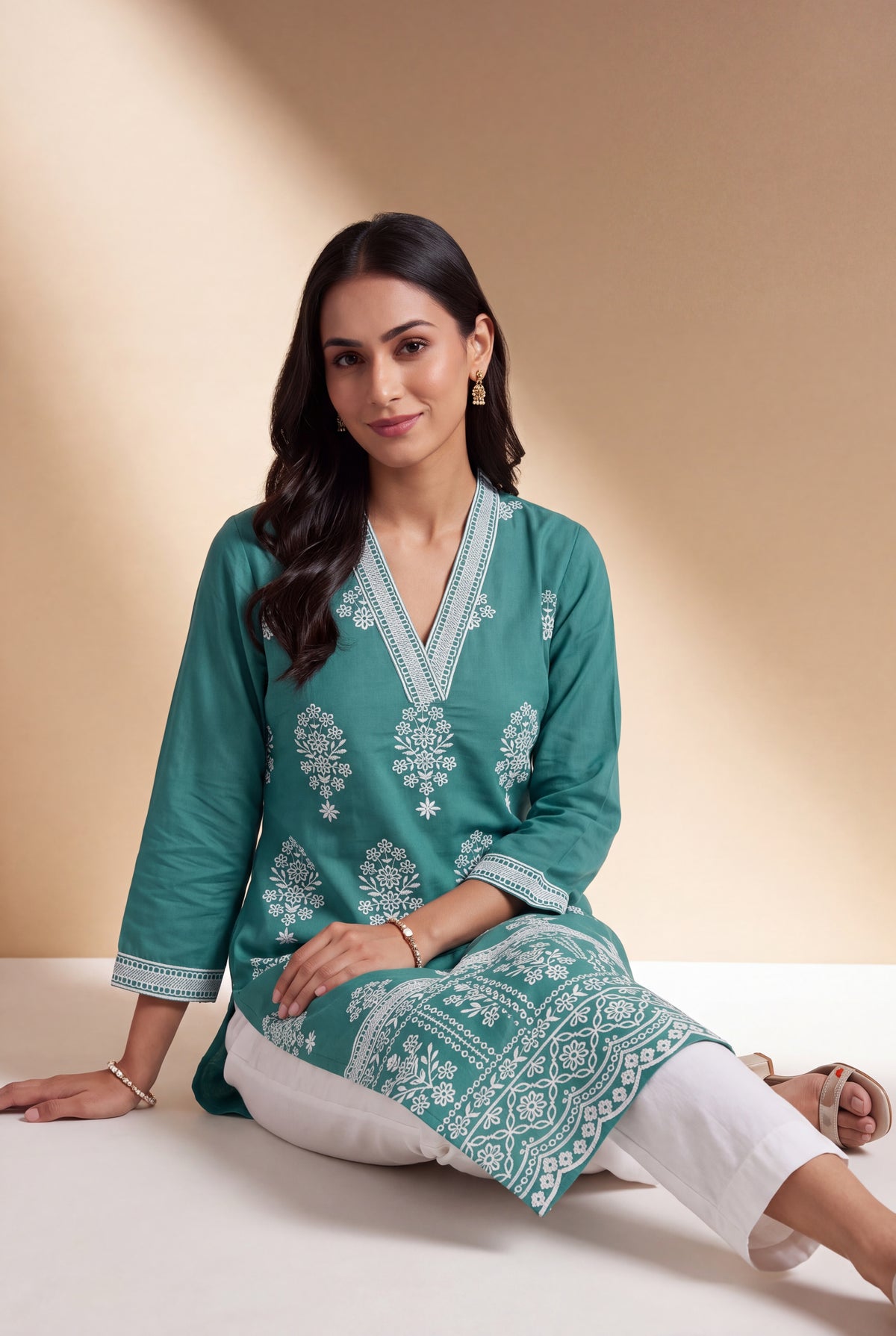 Sea Green Kusuma Laherī Kurti with Ivory threadwork motifs