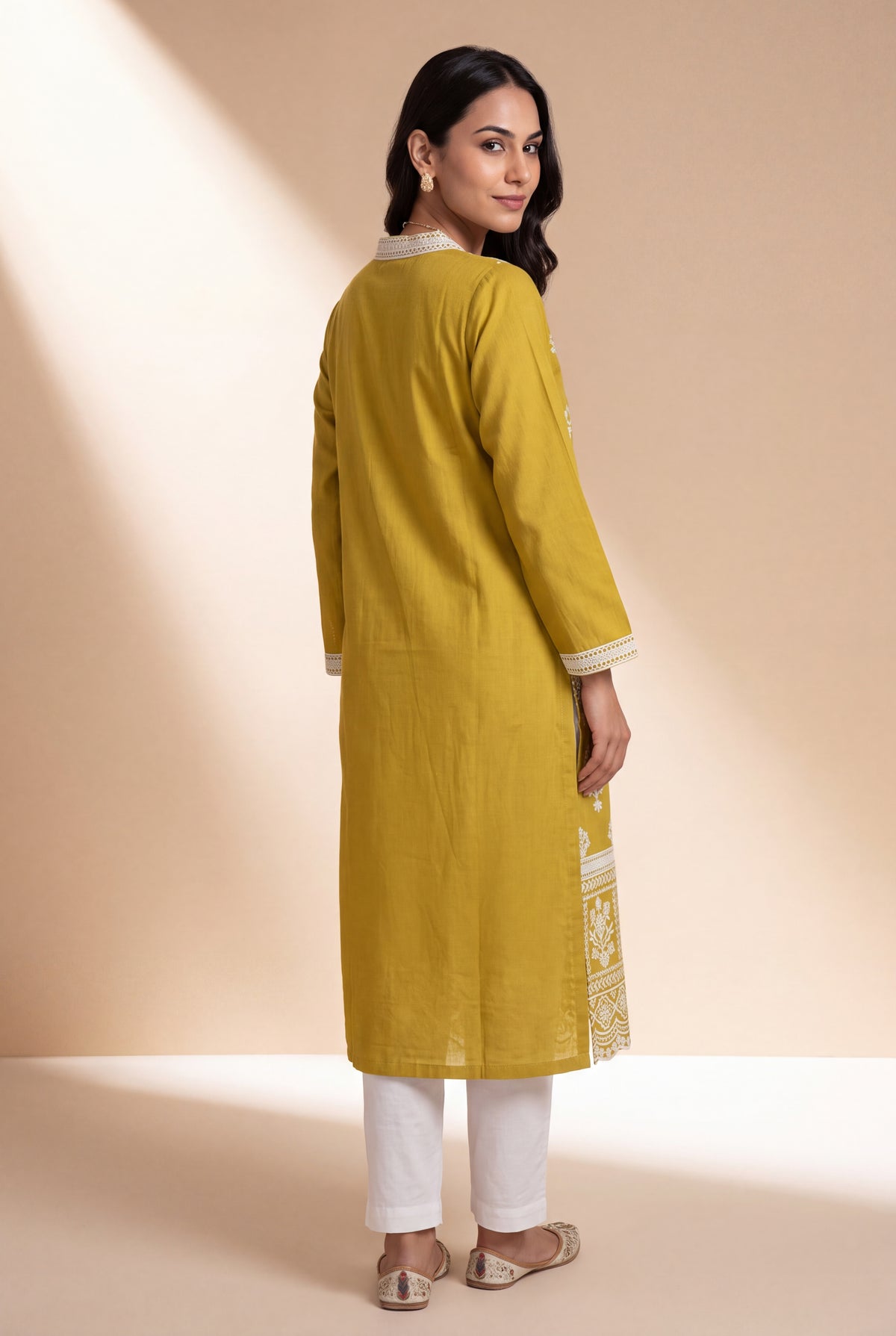 Haldi Yellow Kusuma Laherī Kurti with Ivory threadwork motifs