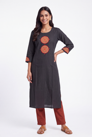 Black Mandala Patchwork Kurti with Mirrorwork embroidery