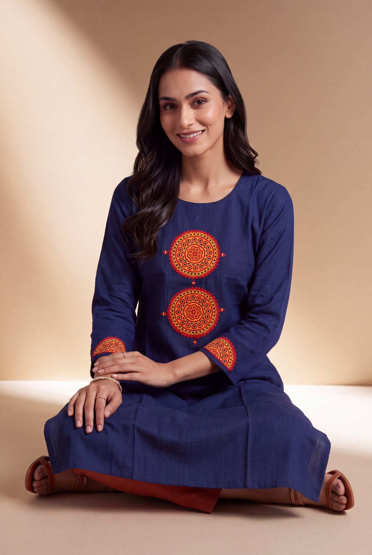 Indigo Blue Mandala Patchwork Kurti with Mirrorwork embroidery