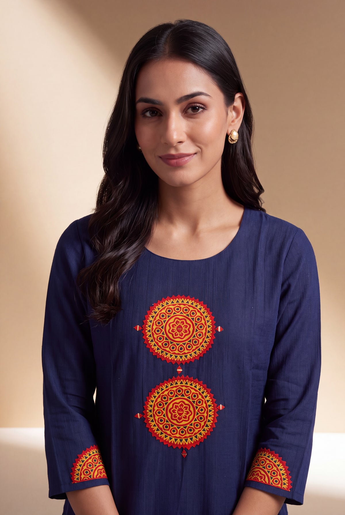 Indigo Blue Mandala Patchwork Kurti with Mirrorwork embroidery